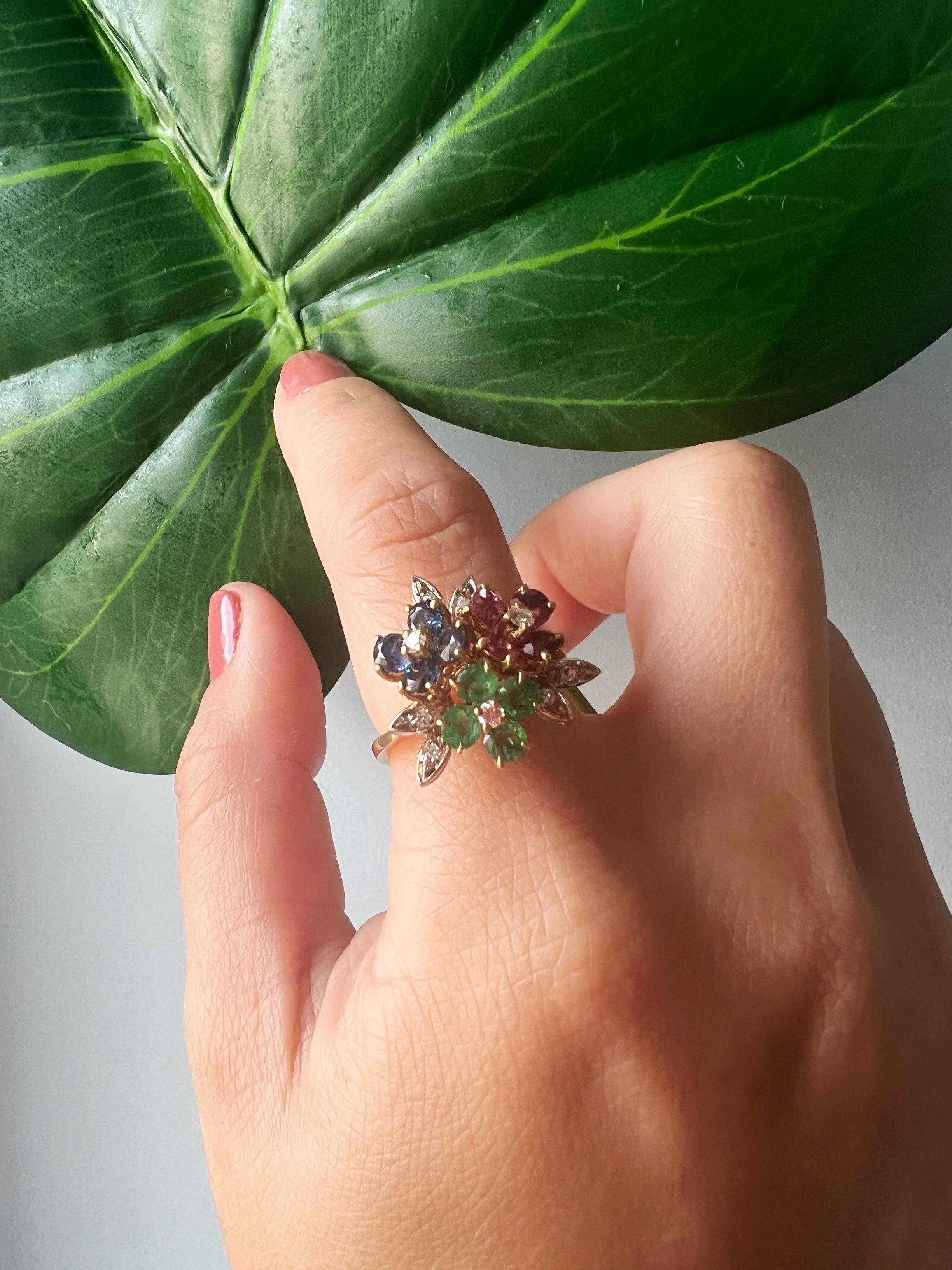 Vintage Tutti Frutti style 18K gold diamond blue sapphire ruby and emerald flower ring - Curiously timeless