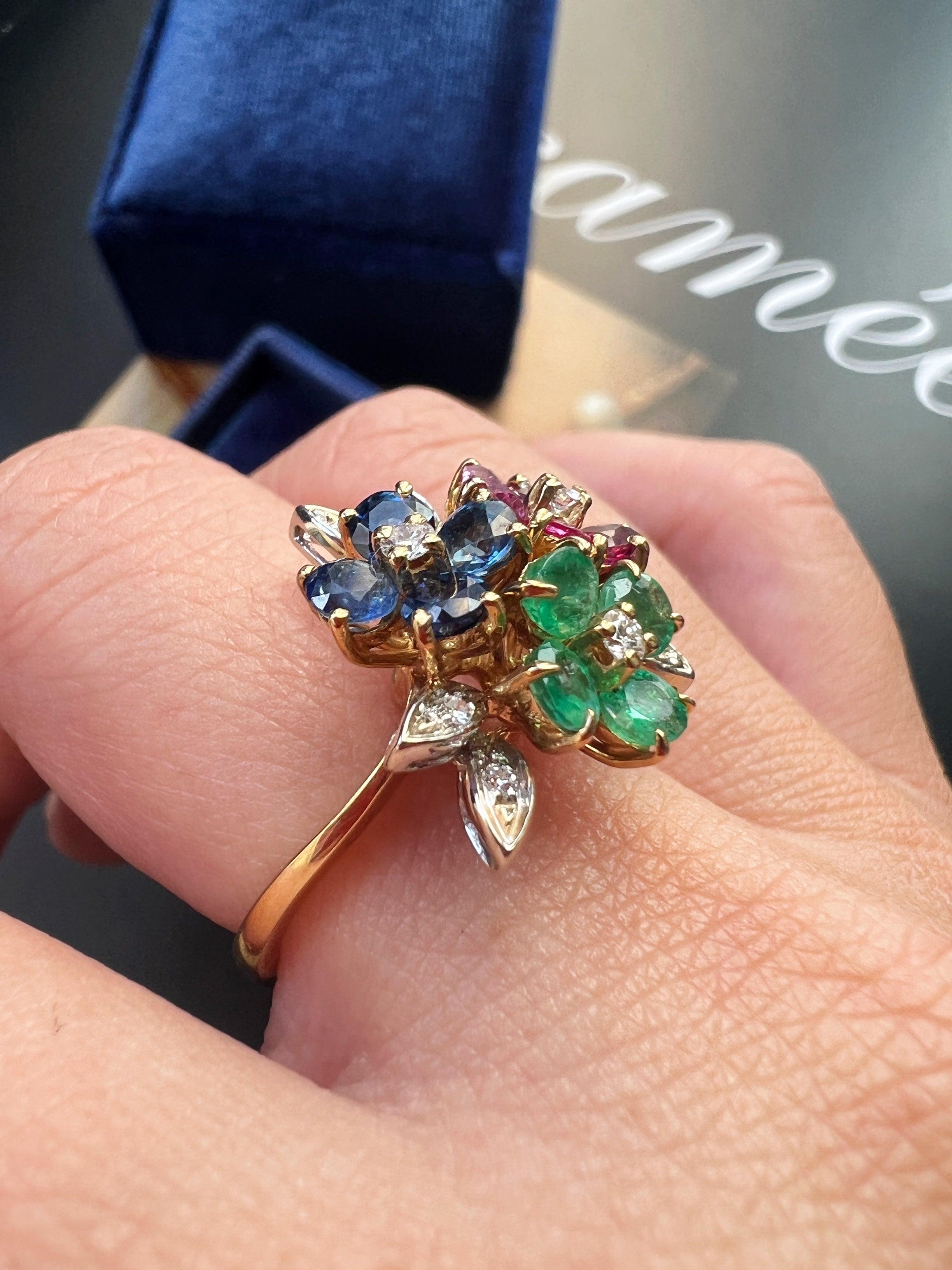 Vintage Tutti Frutti style 18K gold diamond blue sapphire ruby and emerald flower ring - Curiously timeless