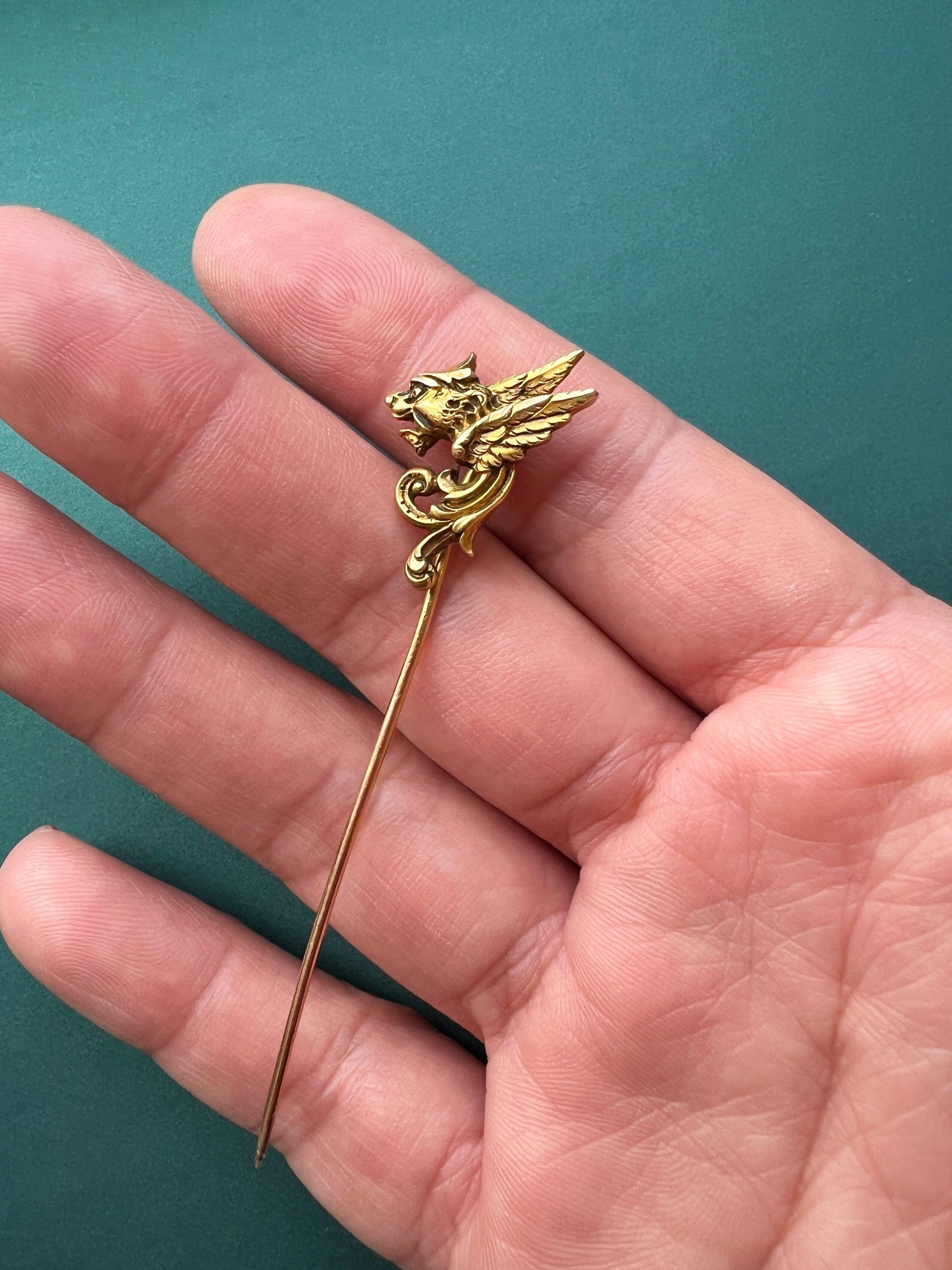 Beautiful French antique 18K gold chimera pin brooch - Curiously timeless