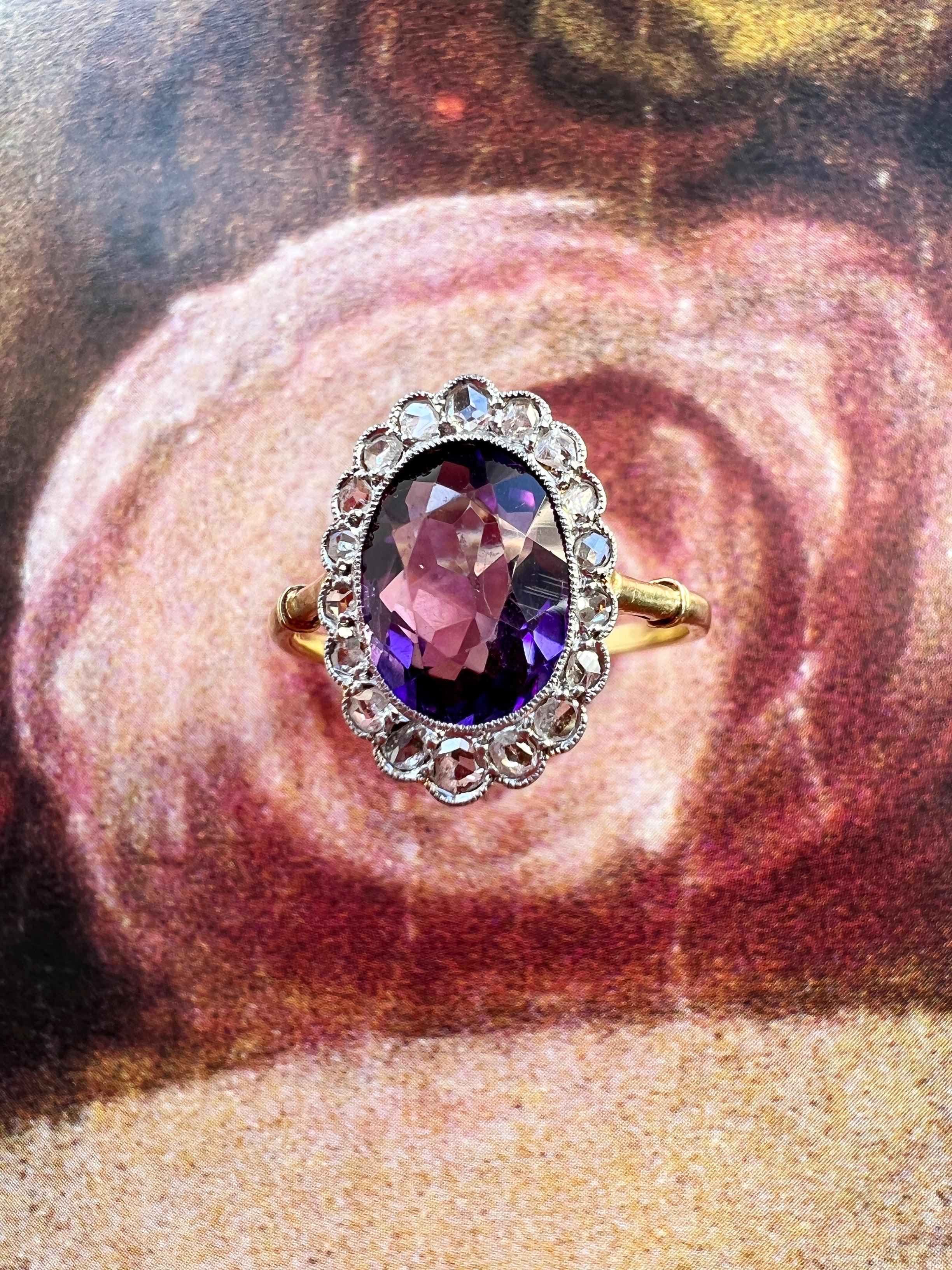 Edwardian Amethyst Diamond 18K gold platinum ring - Curiously timeless