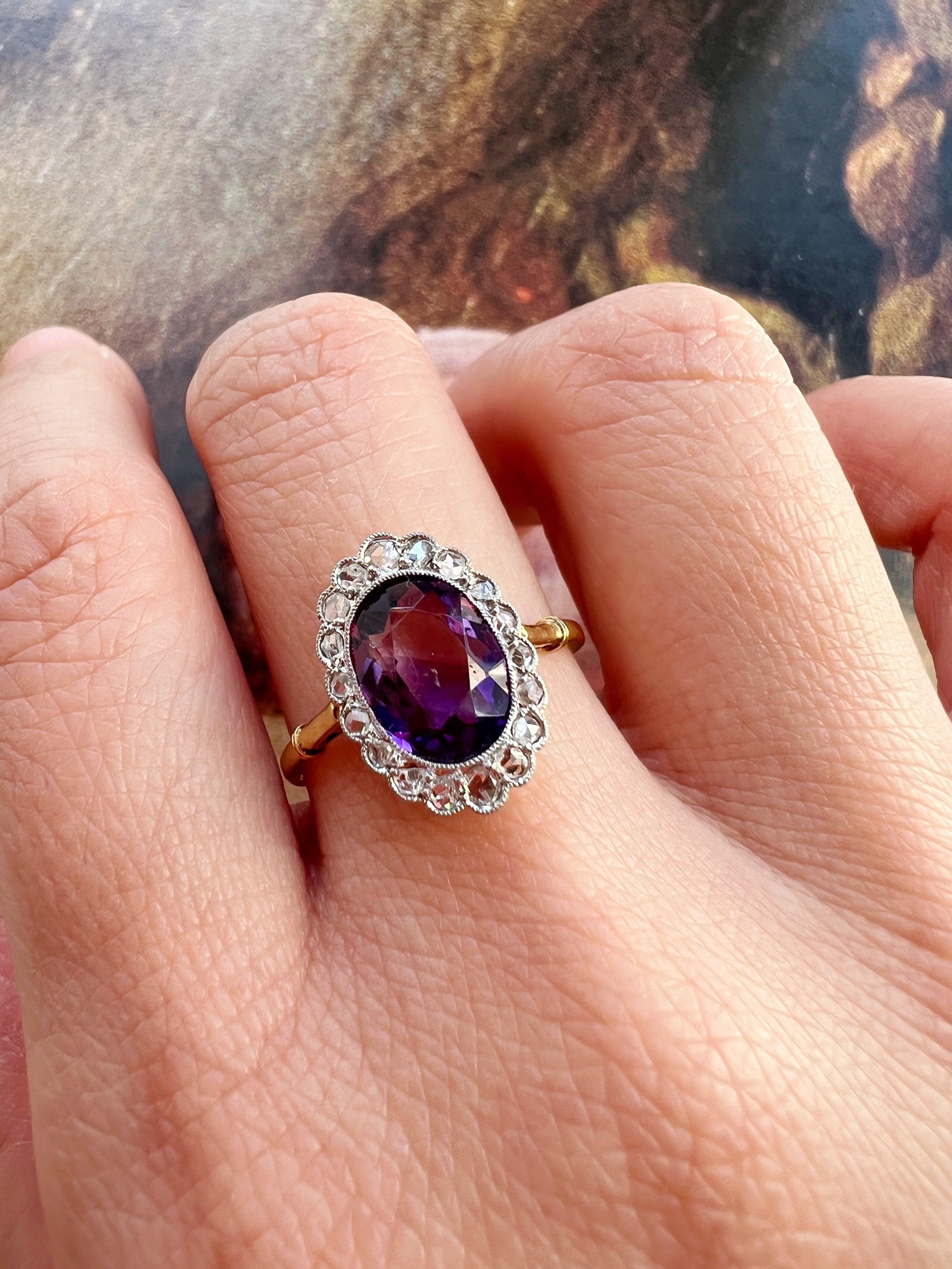 Edwardian Amethyst Diamond 18K gold platinum ring - Curiously timeless