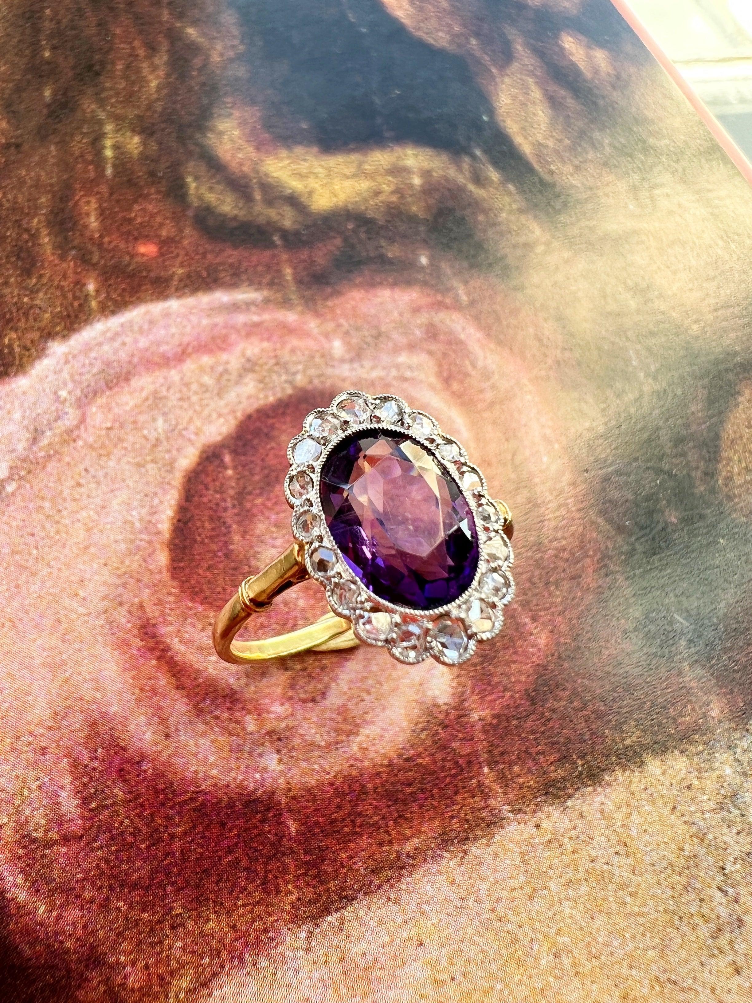 Edwardian Amethyst Diamond 18K gold platinum ring - Curiously timeless