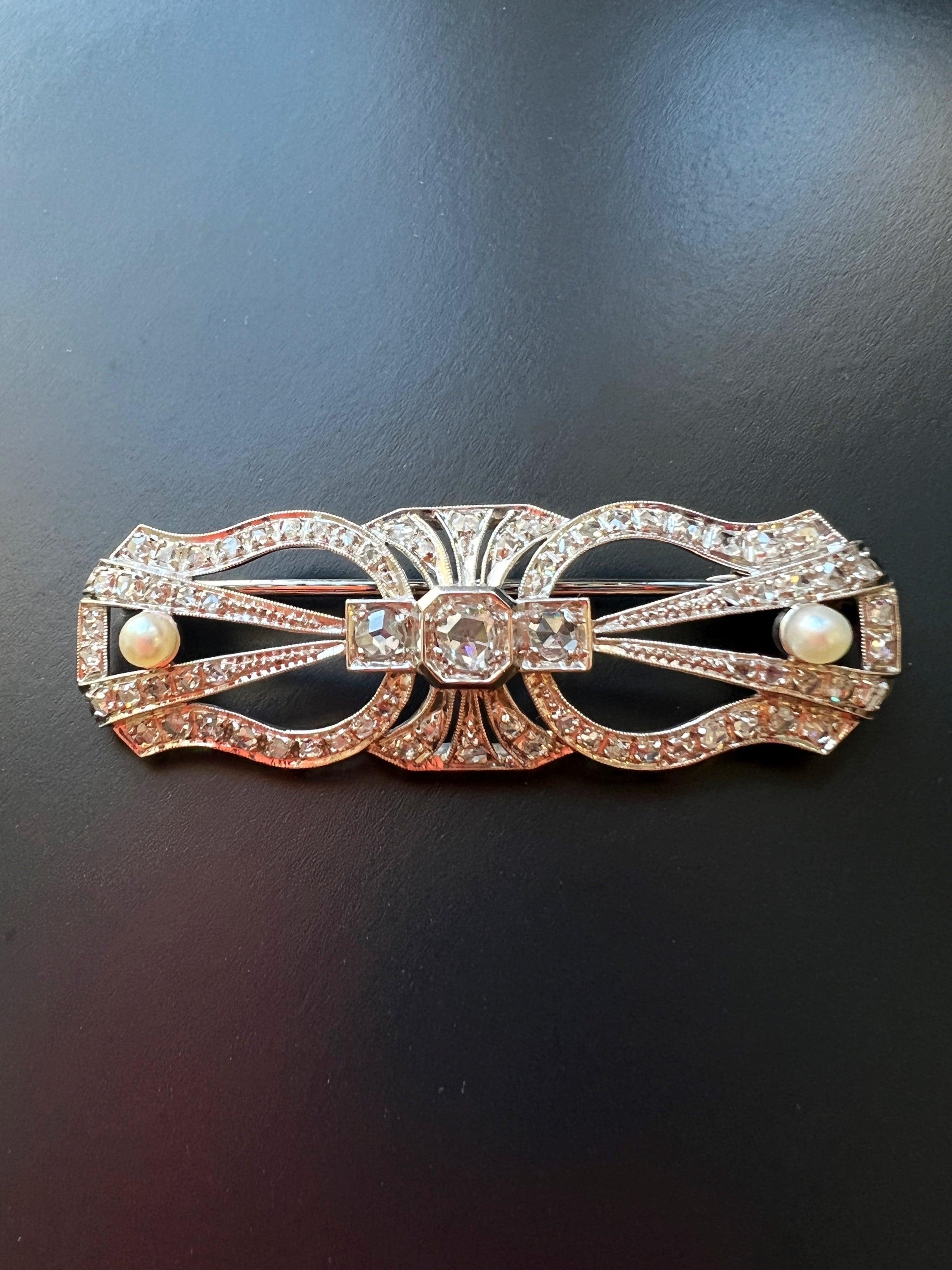 Art Deco era platinum 18K gold diamond pearl brooch - Curiously timeless