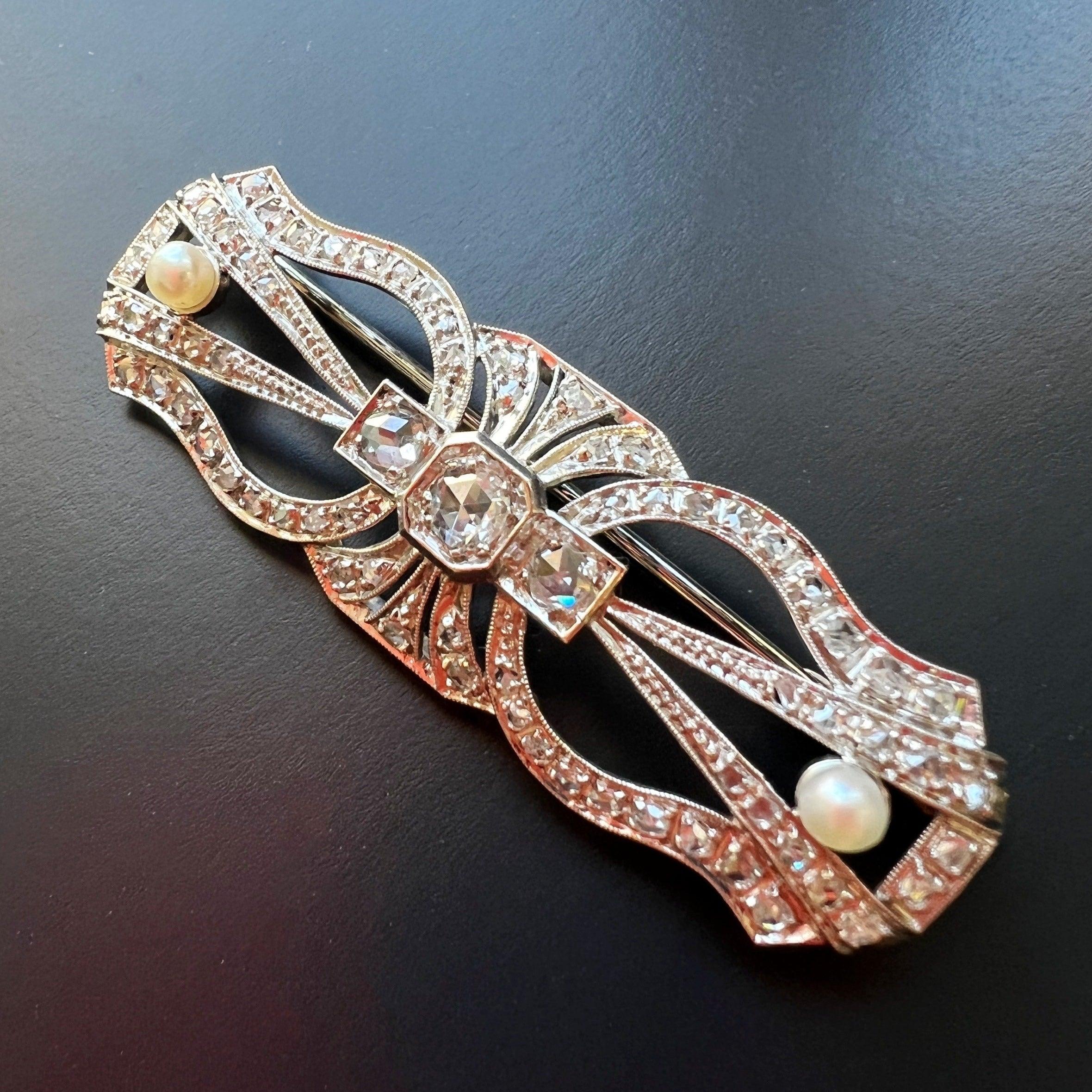 Art Deco era platinum 18K gold diamond pearl brooch - Curiously timeless