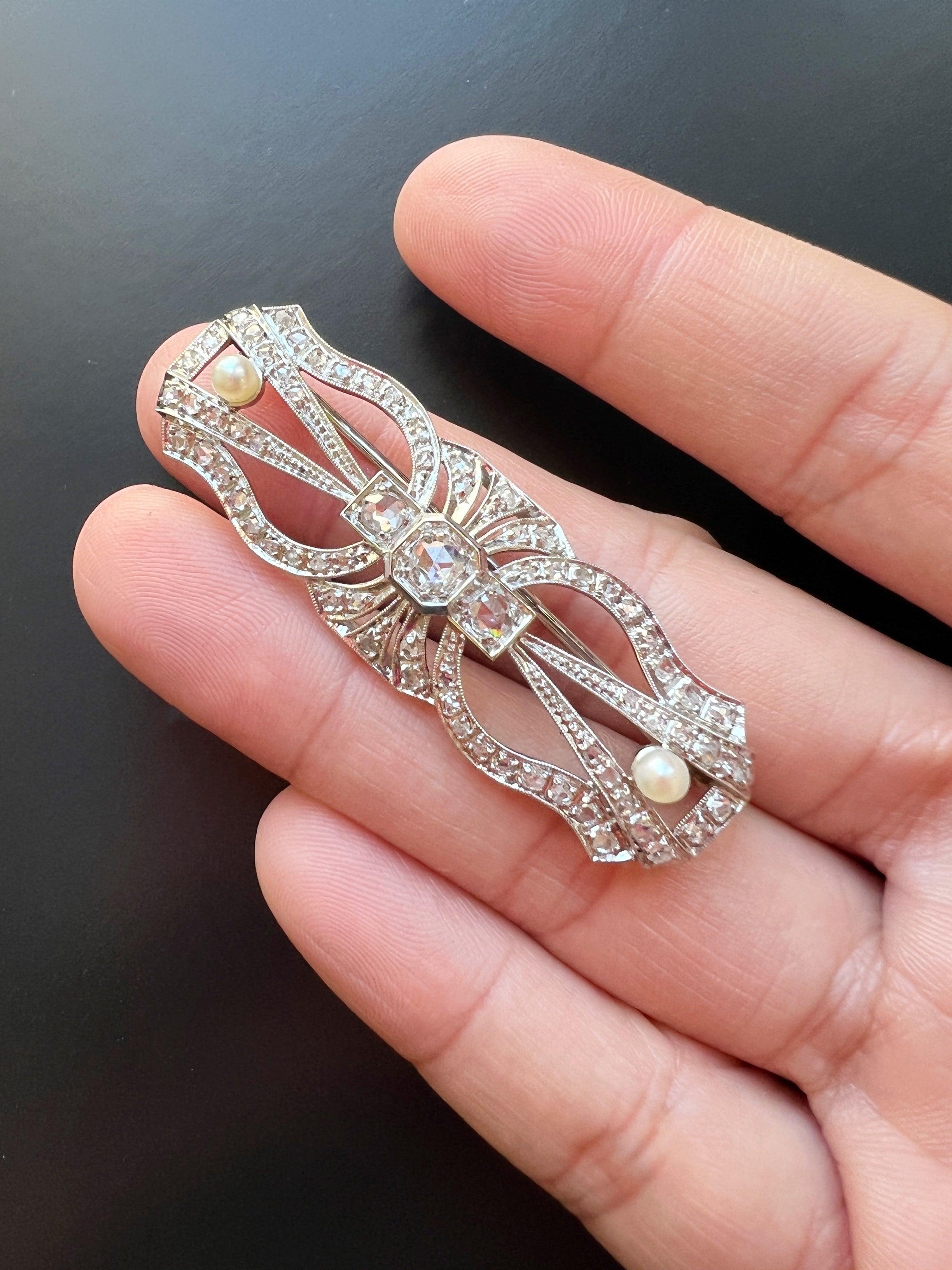 Art Deco era platinum 18K gold diamond pearl brooch - Curiously timeless