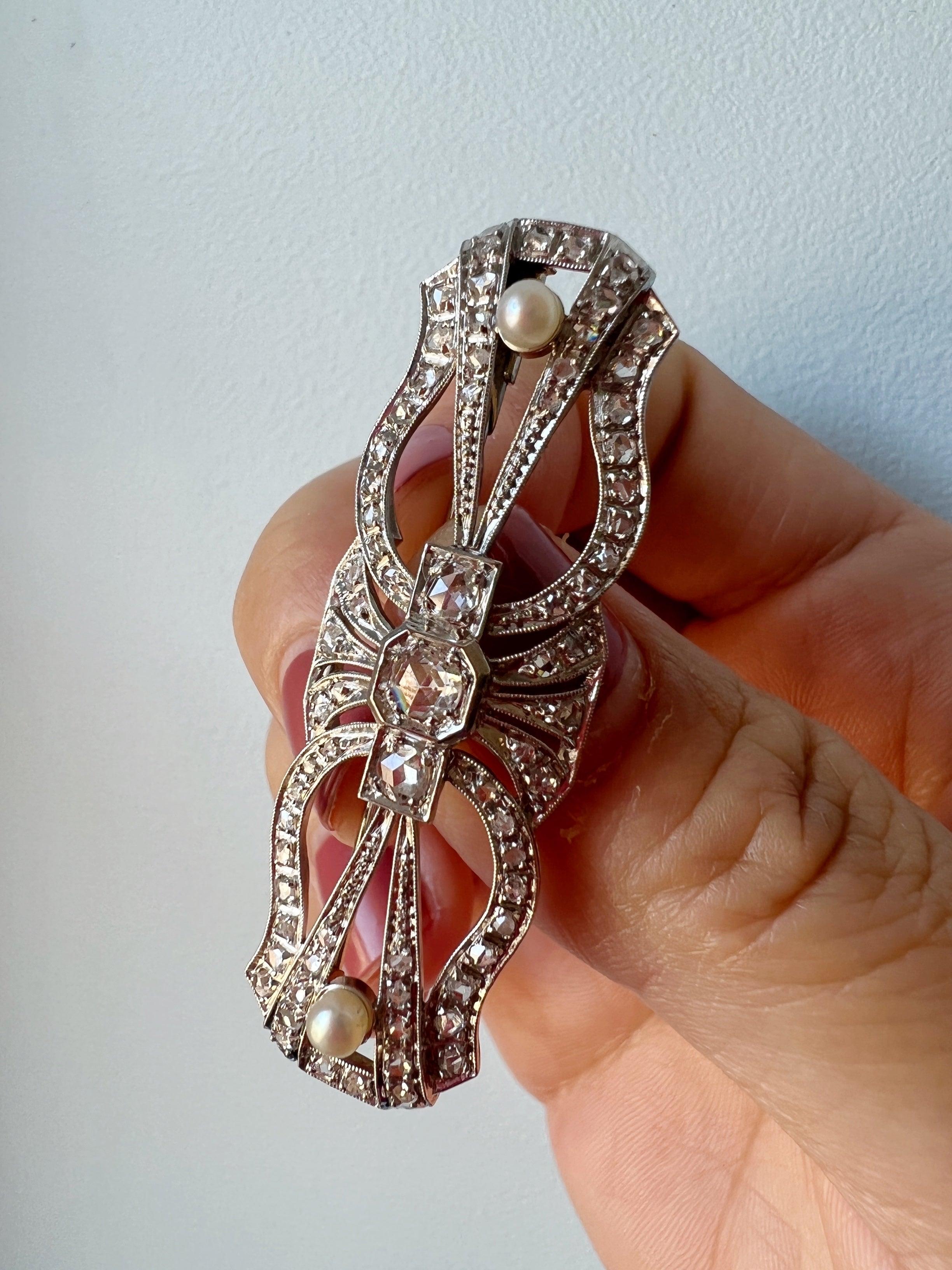 Art Deco era platinum 18K gold diamond pearl brooch - Curiously timeless