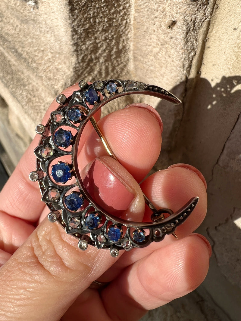 Victorian era 18K gold diamond blue sapphire crescent moon brooch