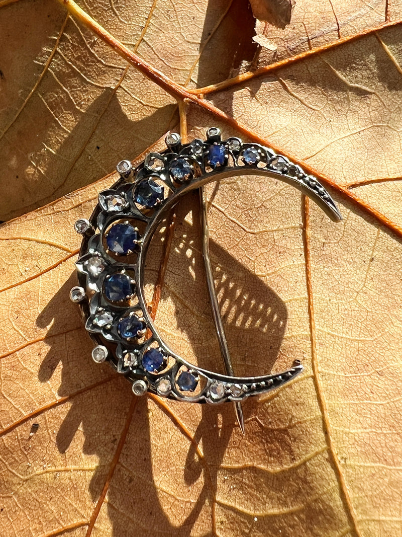 Victorian era 18K gold diamond blue sapphire crescent moon brooch