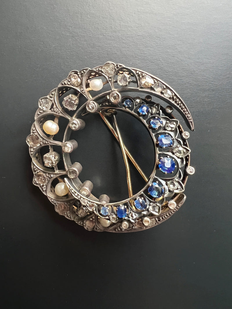 Victorian era 18K gold diamond blue sapphire crescent moon brooch