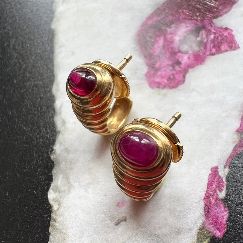 French Vintage 18K gold ruby snake tail earrings