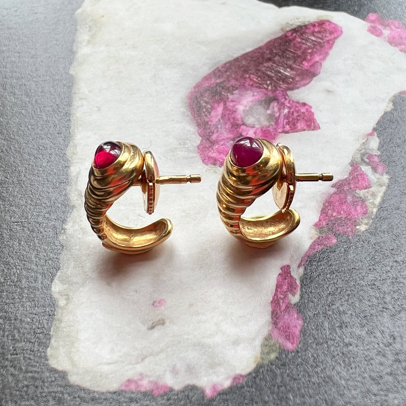 French Vintage 18K gold ruby snake tail earrings