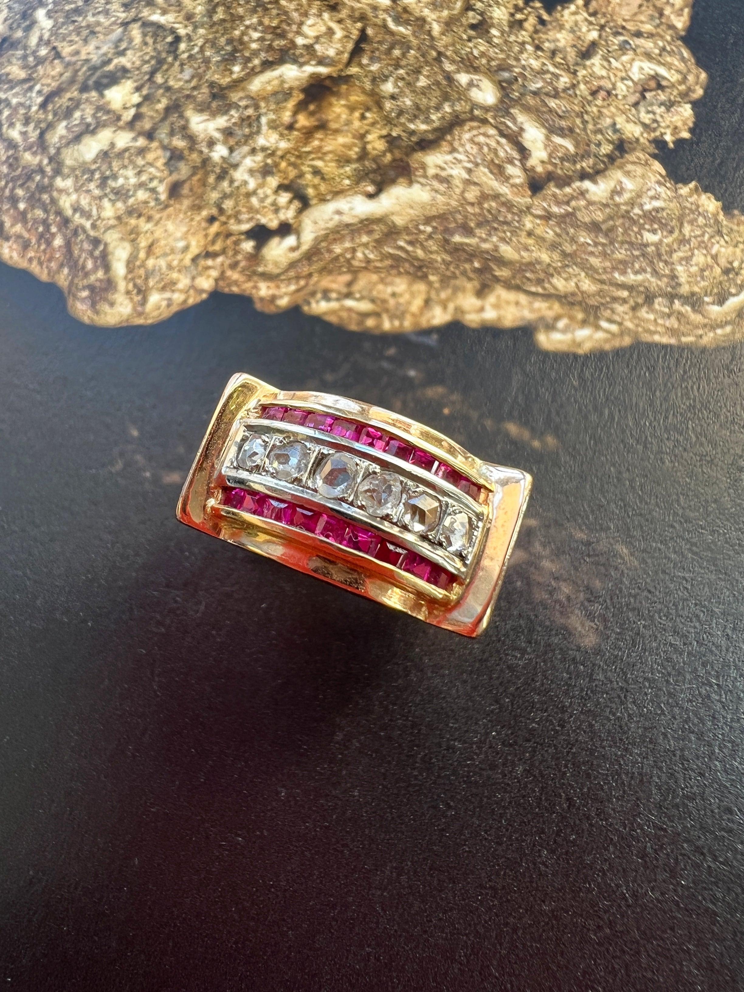 French 1940s Retro vintage diamond ruby 18K gold tank ring - Curiously timeless