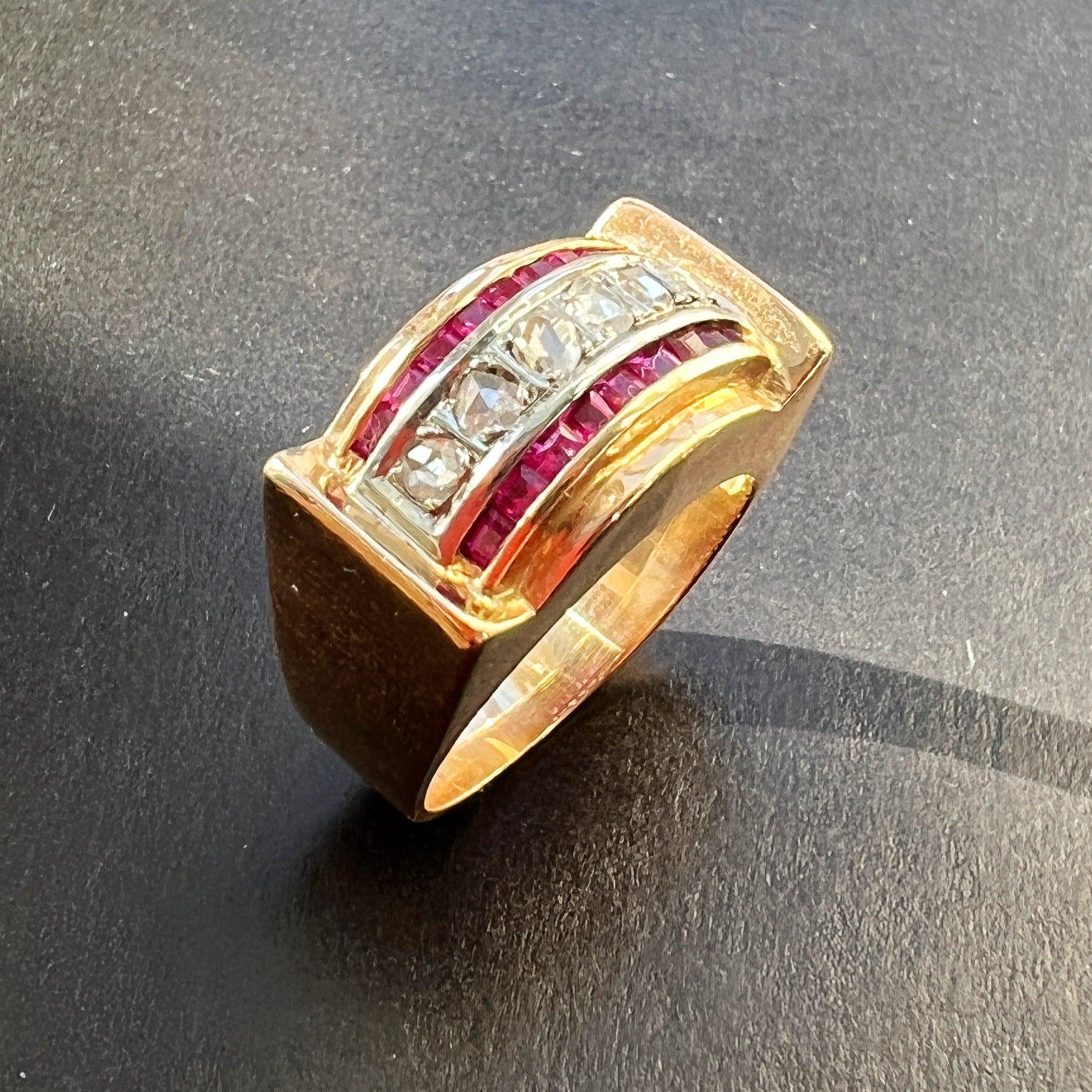 French 1940s Retro vintage diamond ruby 18K gold tank ring - Curiously timeless