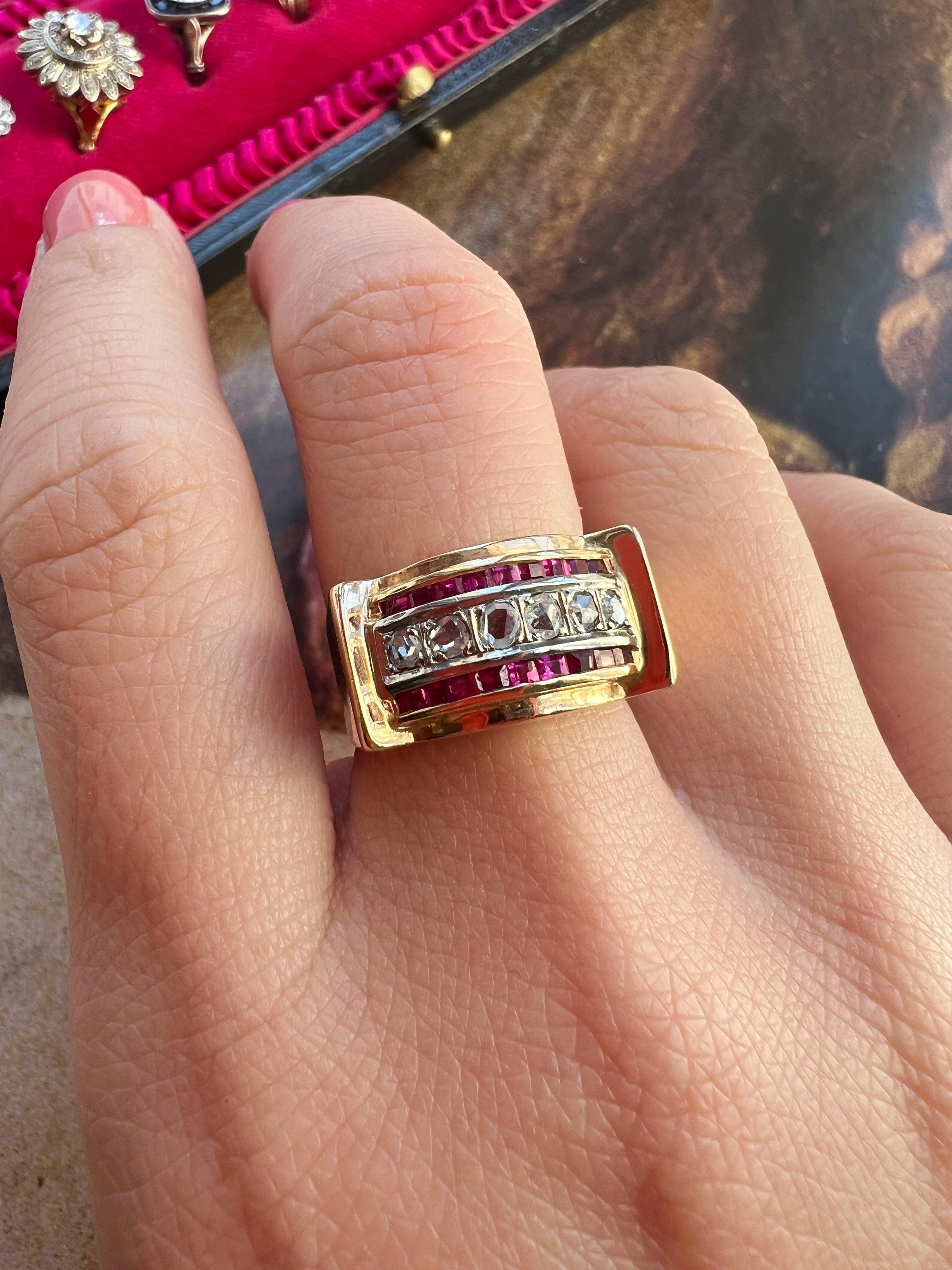 French 1940s Retro vintage diamond ruby 18K gold tank ring - Curiously timeless