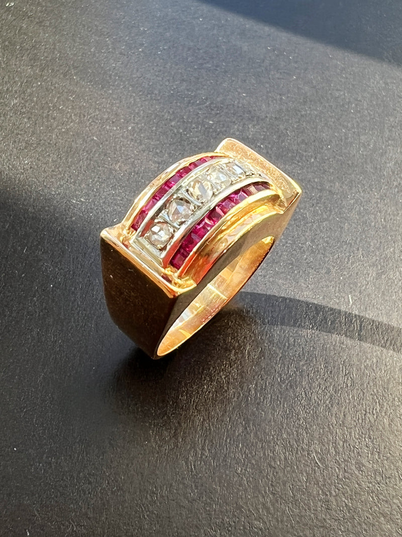 French 1940s Retro vintage diamond ruby 18K gold tank ring