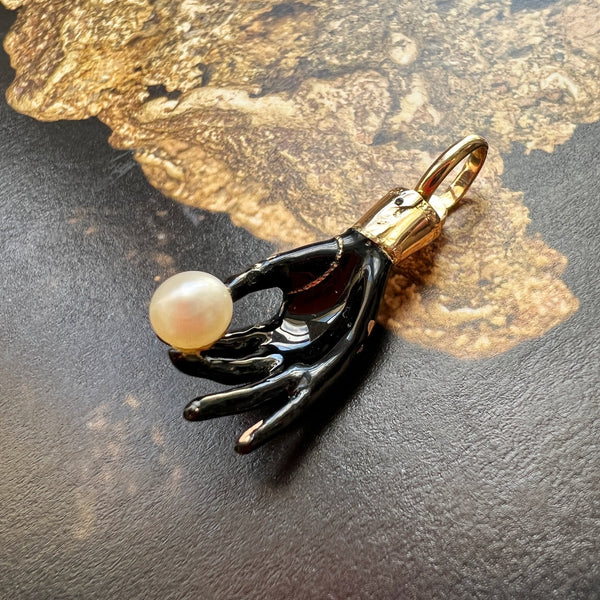 Elegant Antique black & gold enameled hand 18K gold pendant