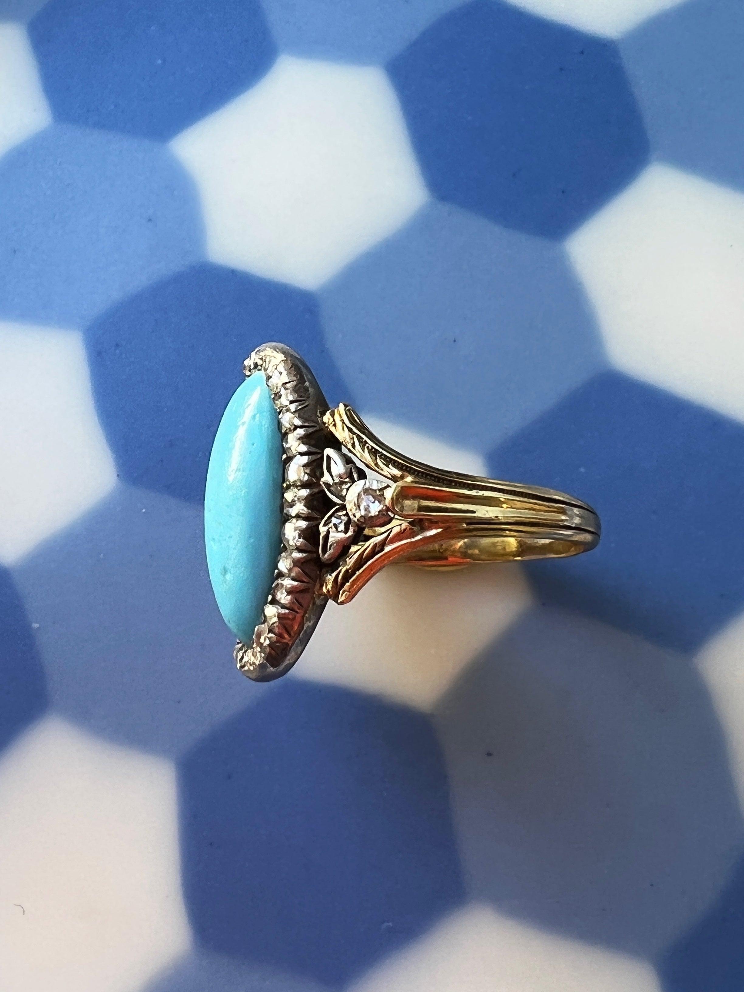 Georgian era diamond blue Floral 18K statement ring - Curiously timeless