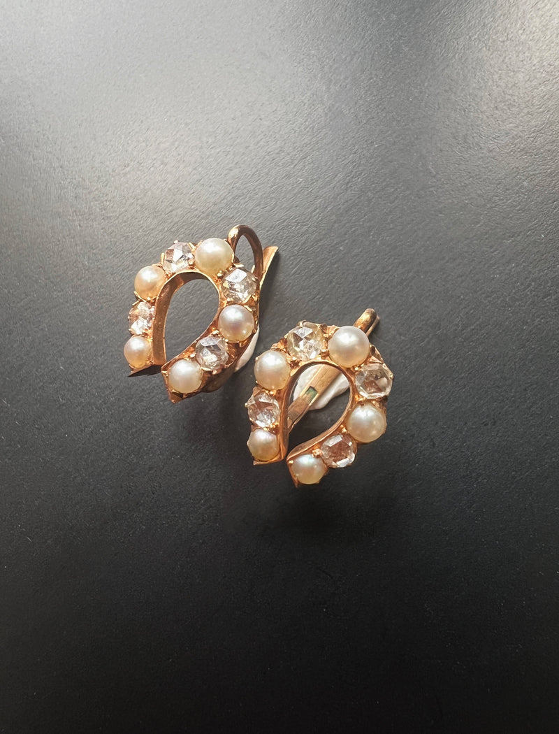 Victorian era rose cut diamonds and pearls horseshoe earrings