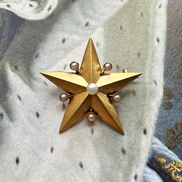 Victorian 18K gold Pearl Star Brooch