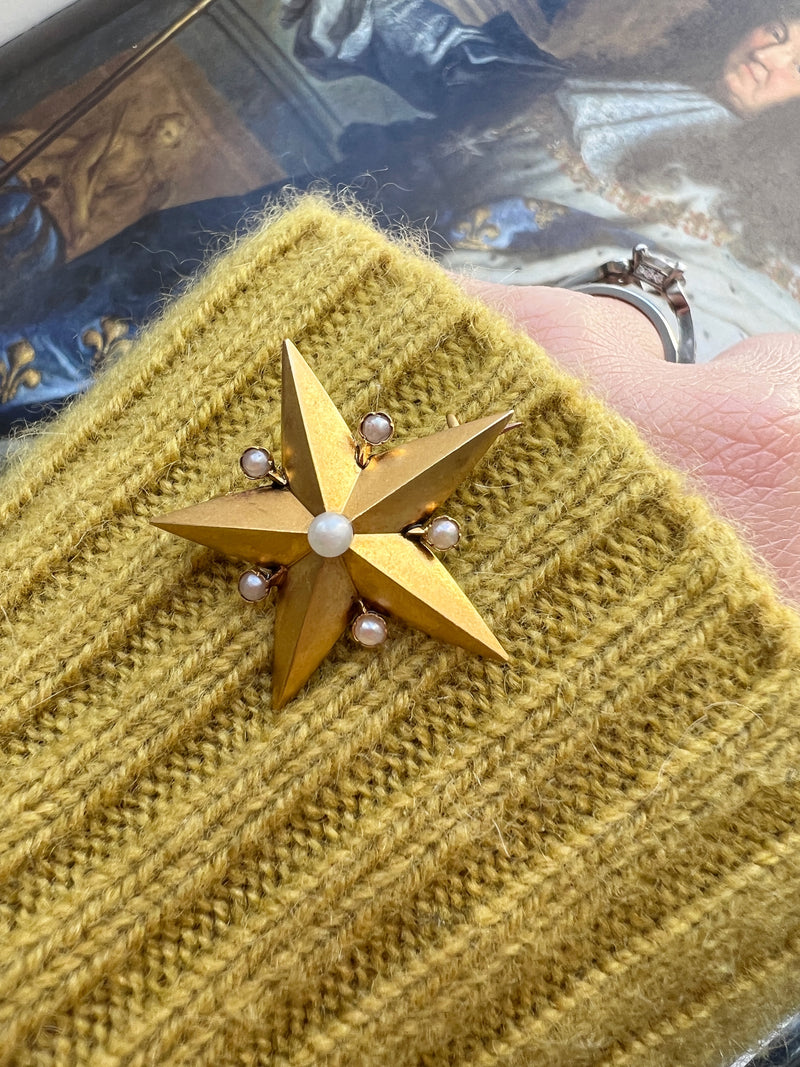 Victorian 18K gold Pearl Star Brooch