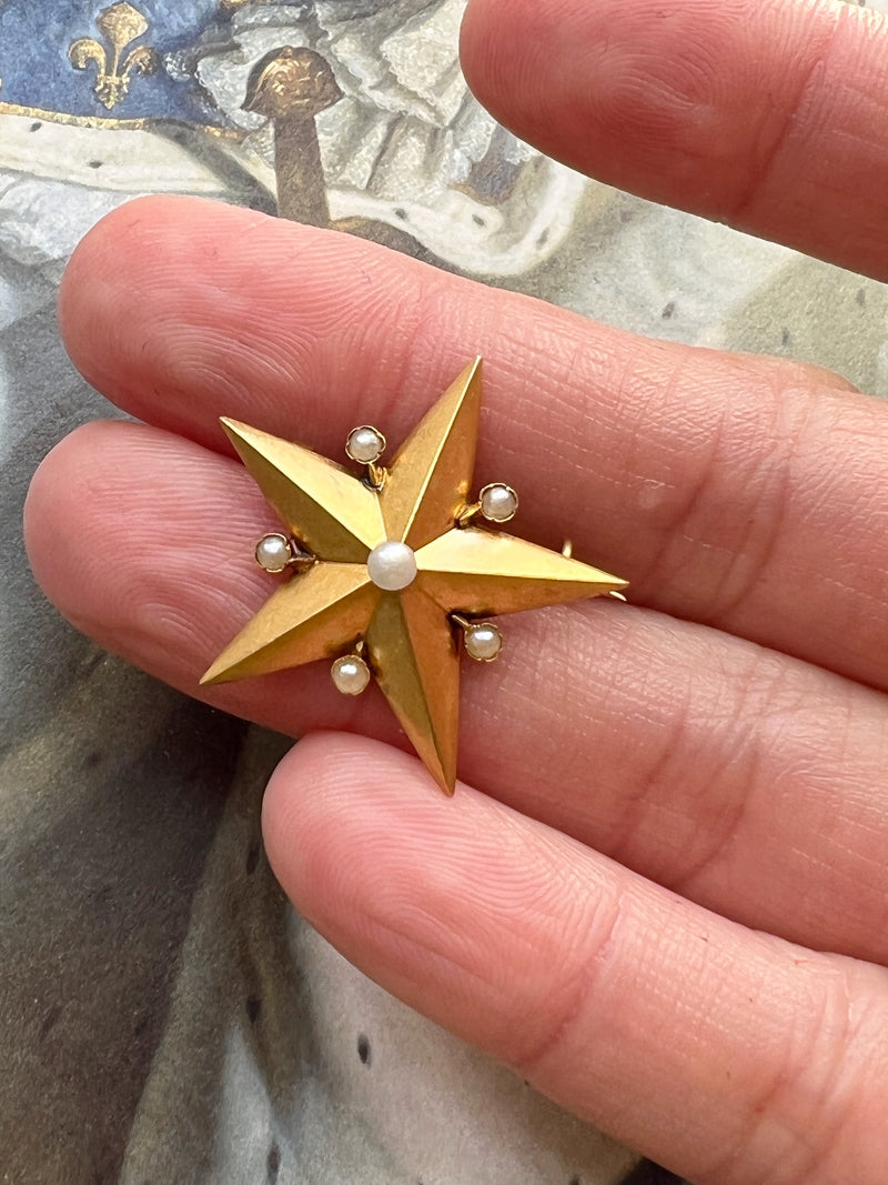 Victorian 18K gold Pearl Star Brooch