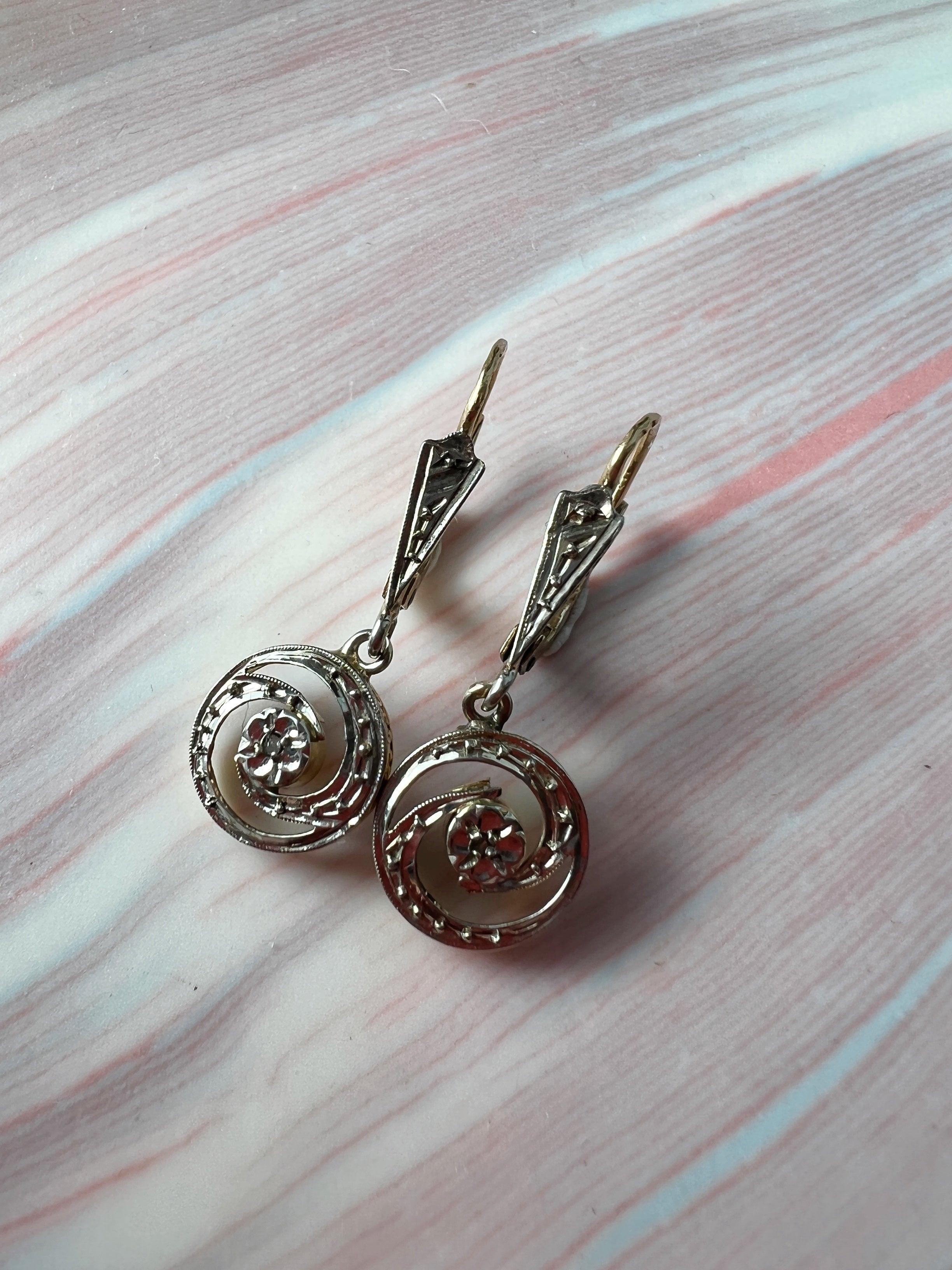 Edwardian 18K gold diamond drop sleeper earrings - Curiously timeless