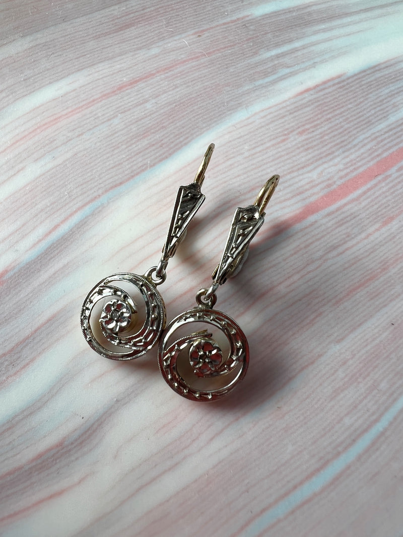 Edwardian 18K gold diamond drop sleeper earrings