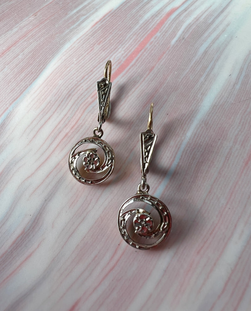 Edwardian 18K gold diamond drop sleeper earrings