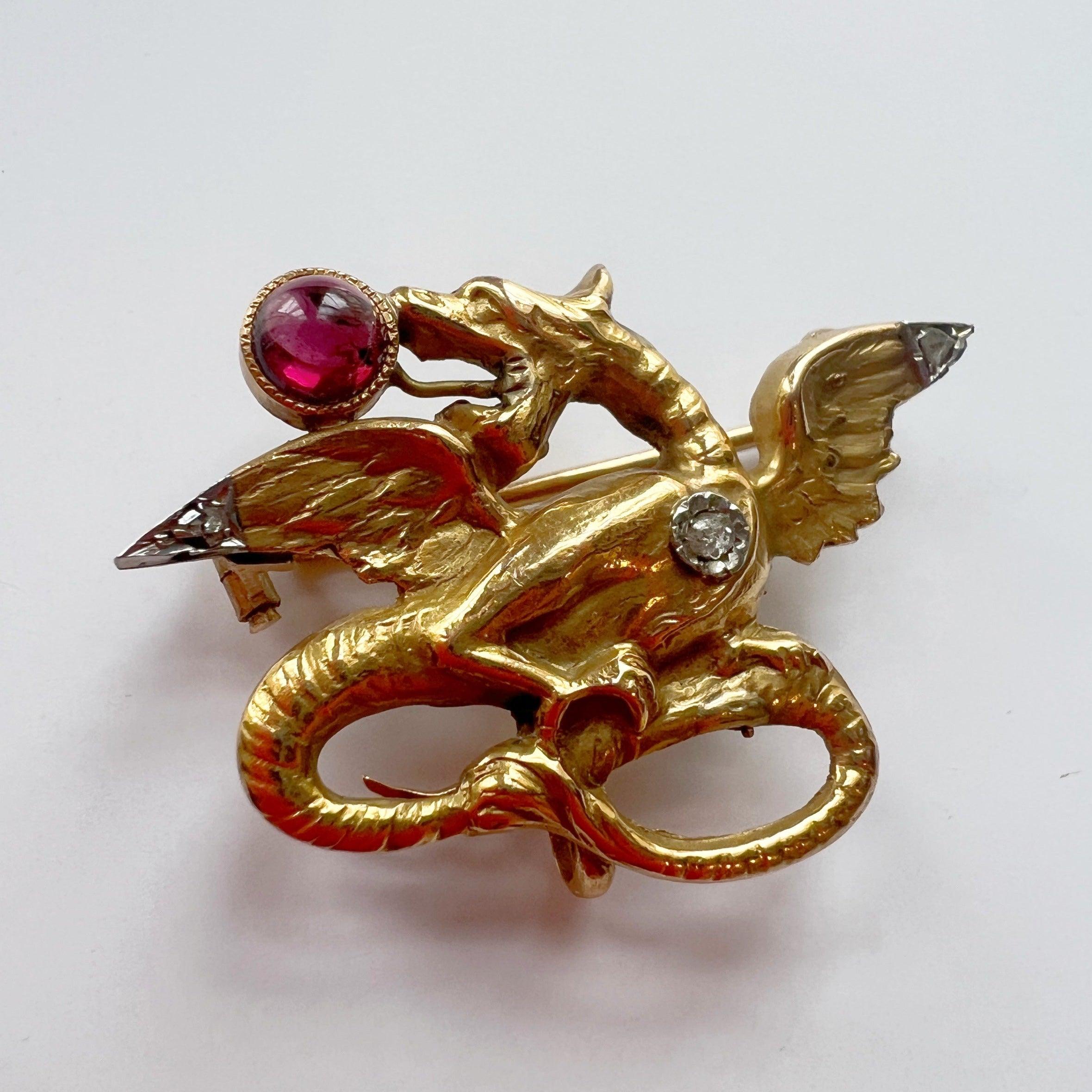 Magnificent French Antique 18K gold diamond tourmaline Chimera brooch - Curiously timeless