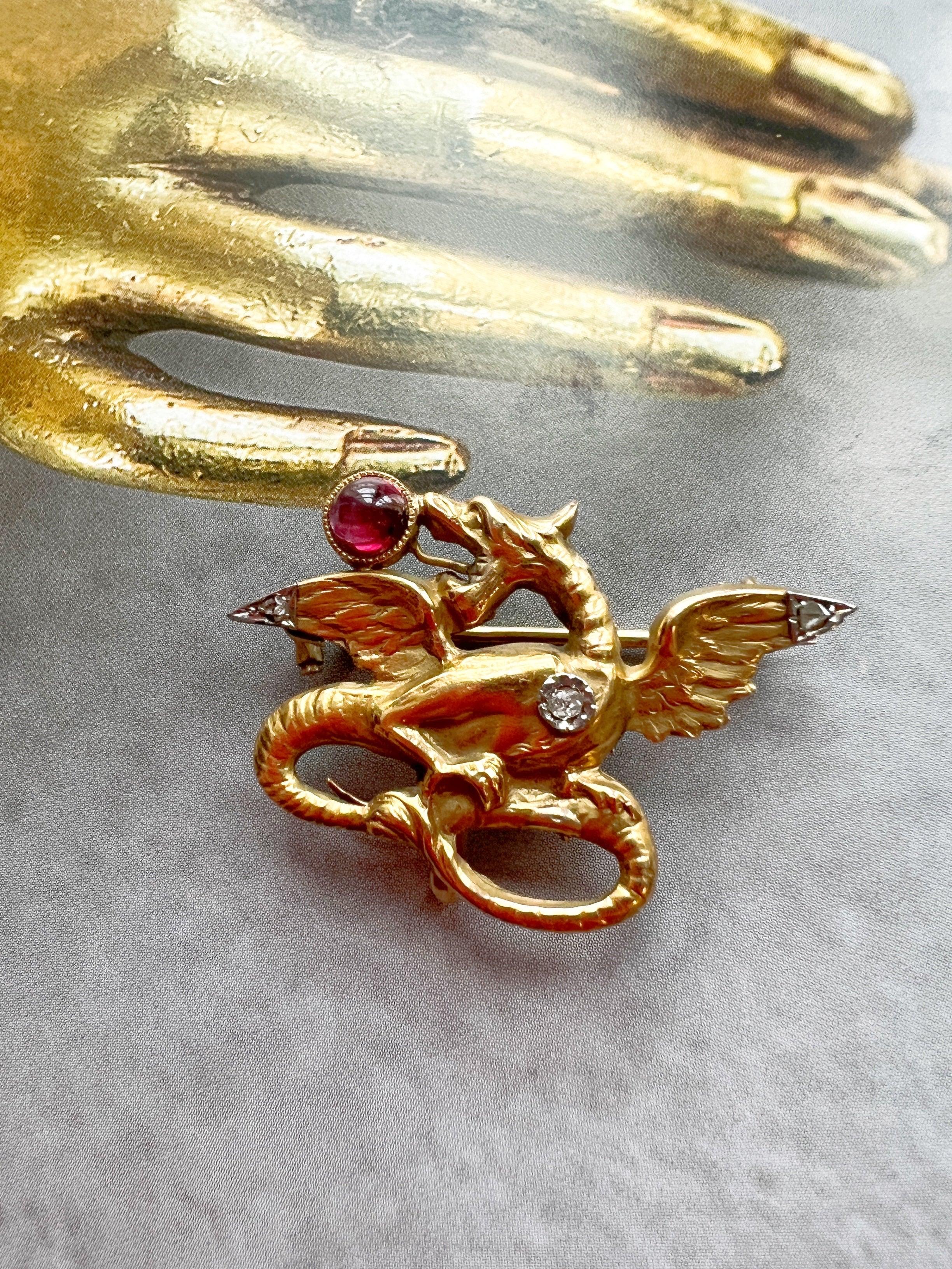 Magnificent French Antique 18K gold diamond tourmaline Chimera brooch - Curiously timeless