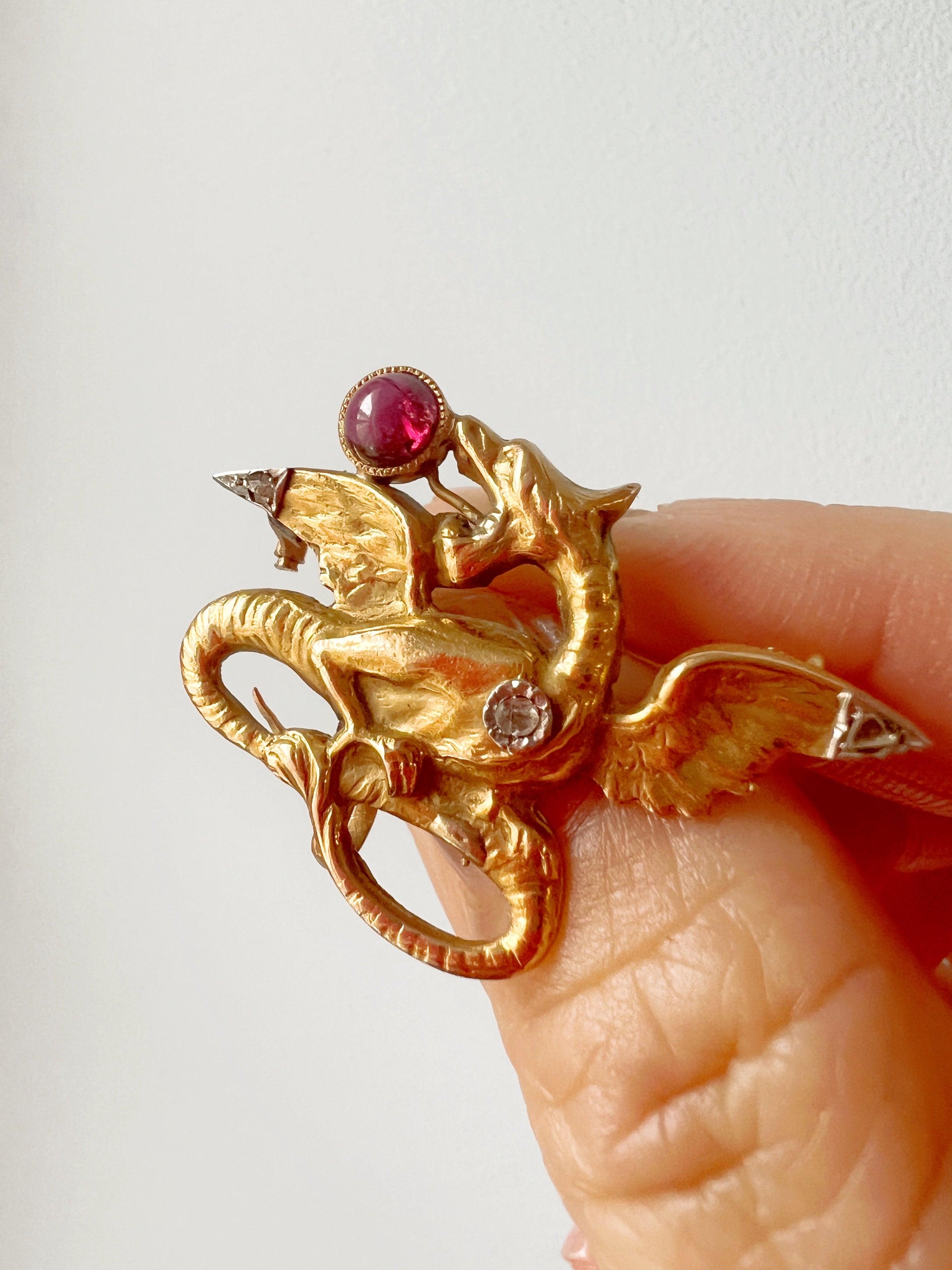 Magnificent French Antique 18K gold diamond tourmaline Chimera brooch - Curiously timeless