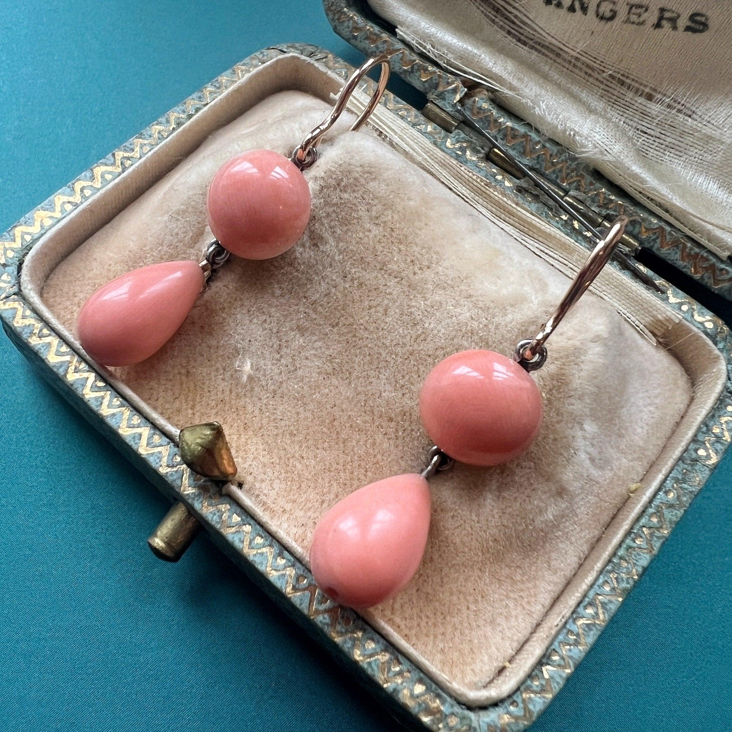 Victorian era 18K gold angel skin pink coral drop earrings - Curiously timeless