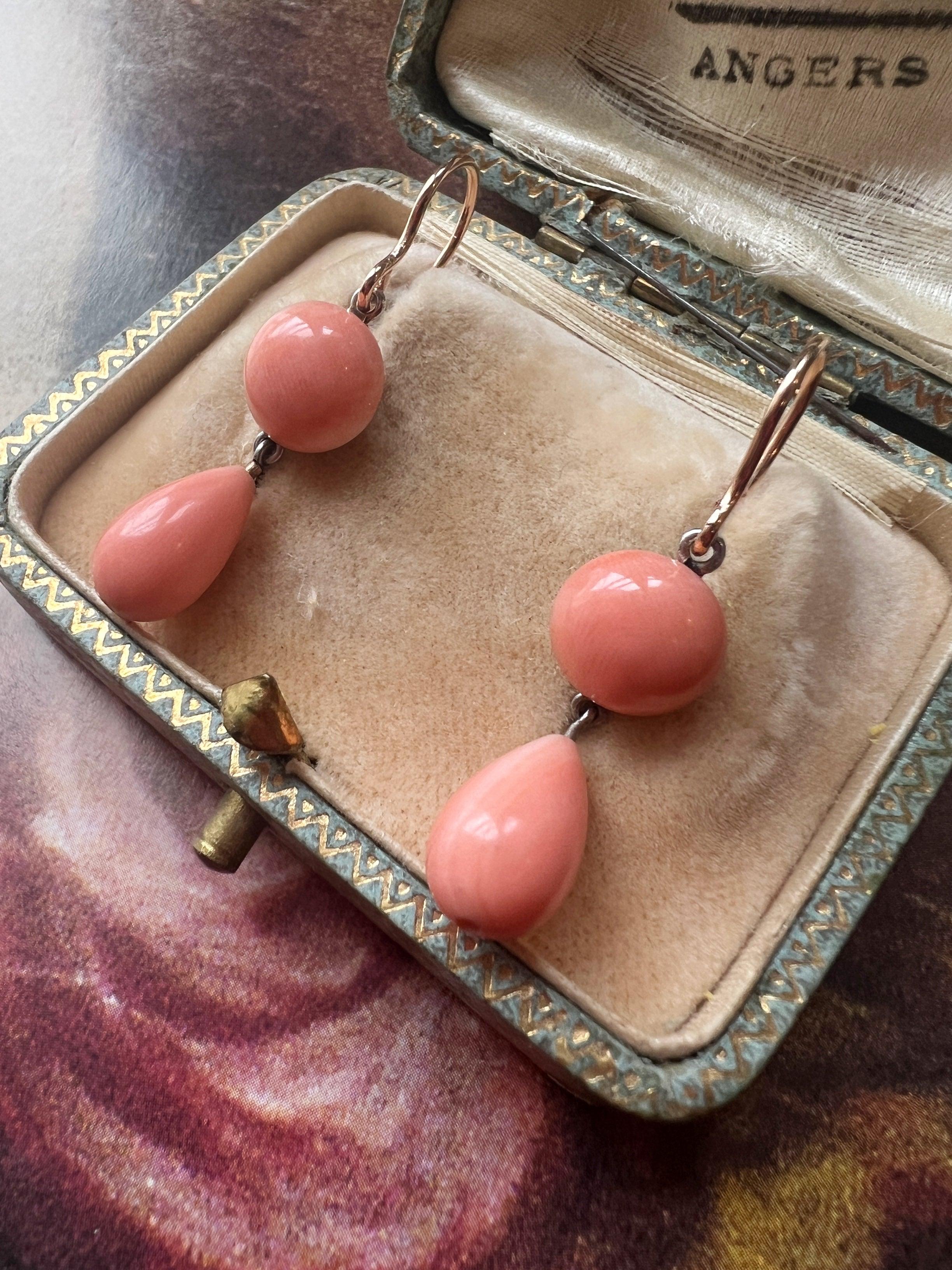 Victorian era 18K gold angel skin pink coral drop earrings - Curiously timeless