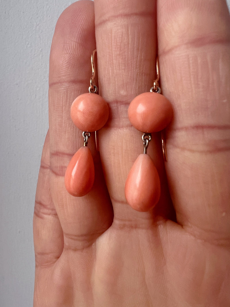 Victorian era 18K gold angel skin pink coral drop earrings