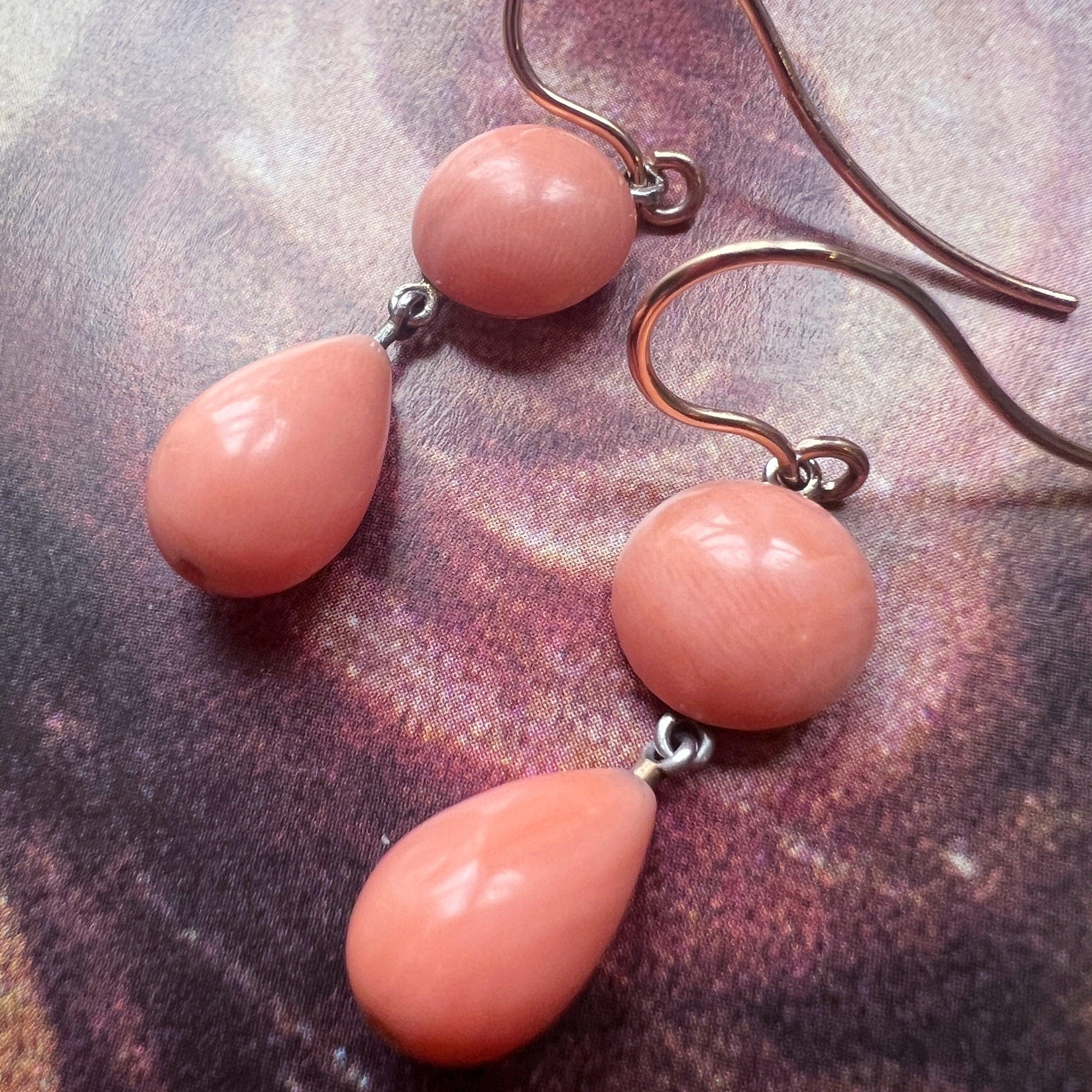 Victorian era 18K gold angel skin pink coral drop earrings - Curiously timeless