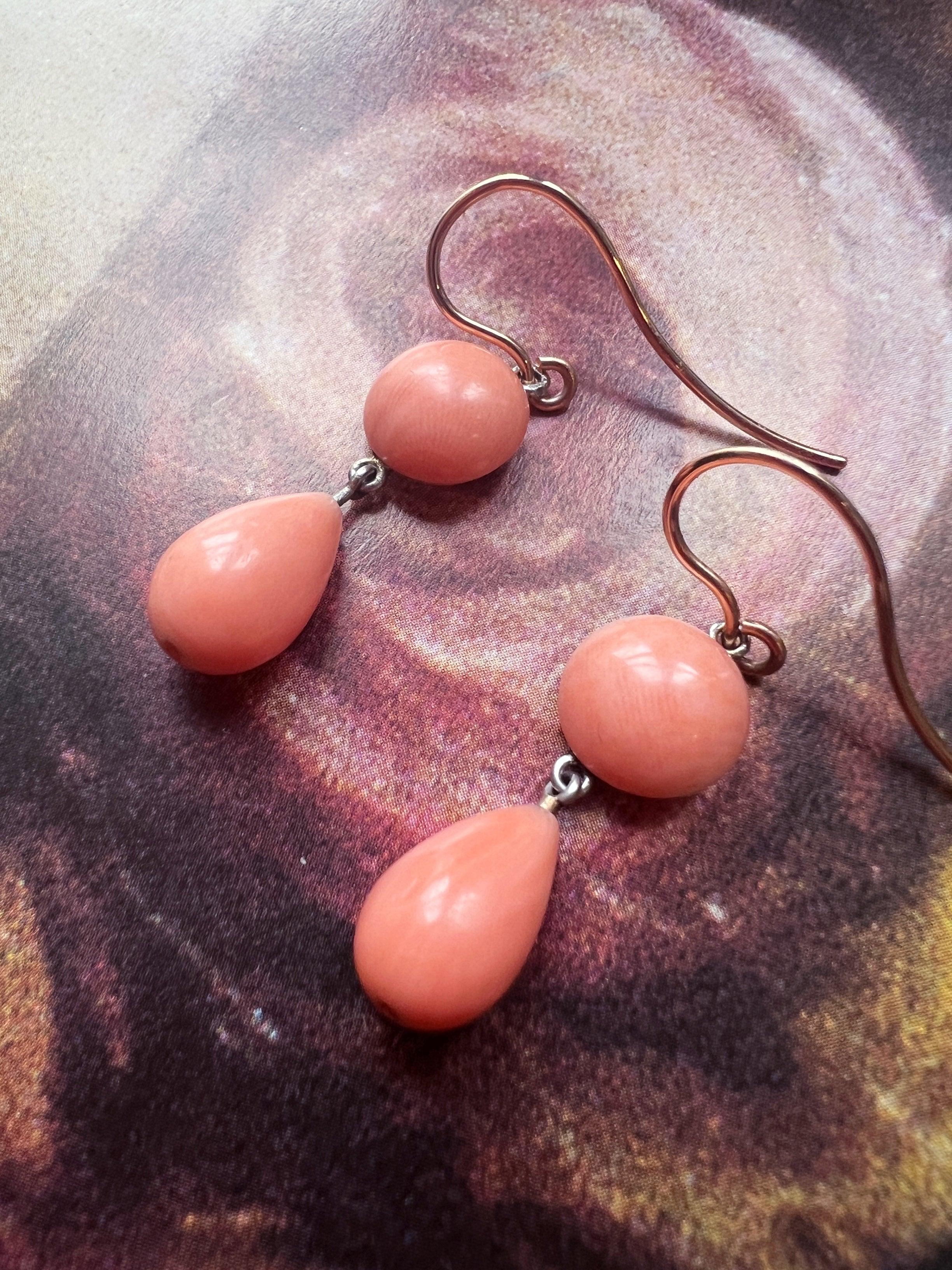 Victorian era 18K gold angel skin pink coral drop earrings - Curiously timeless