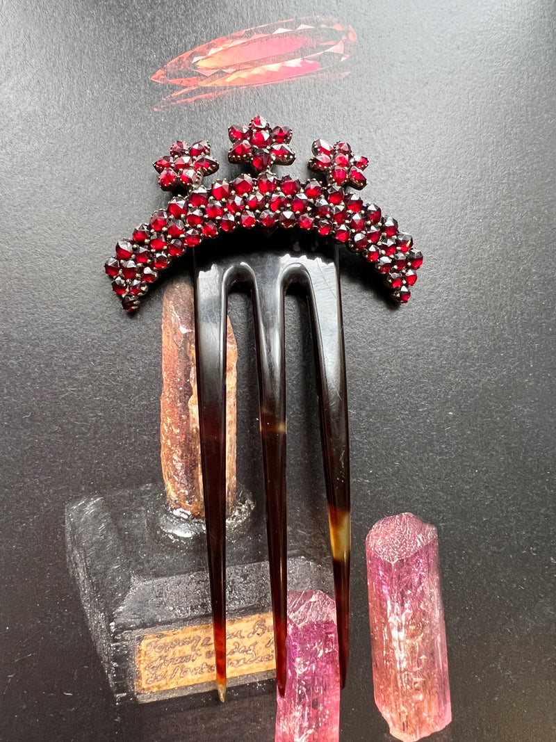 Antique garnet flower hair comb