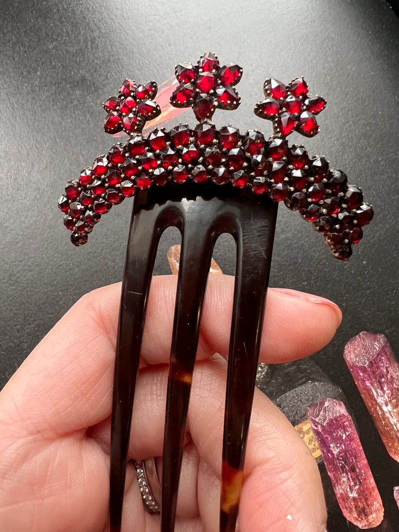 Antique garnet flower hair comb