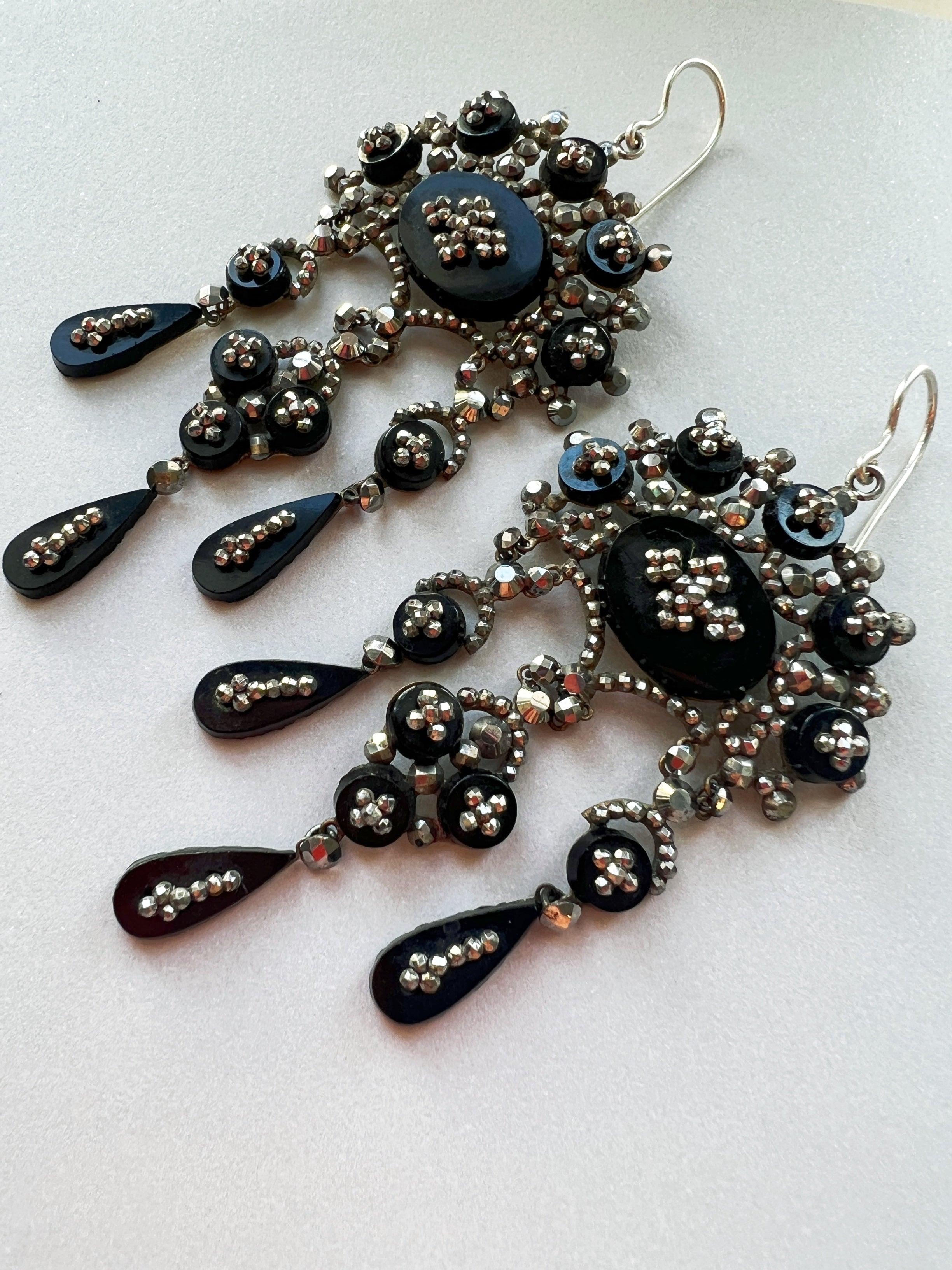 Rare 18th century Georgian era French cut steel onyx silver drop earrings - Curiously timeless