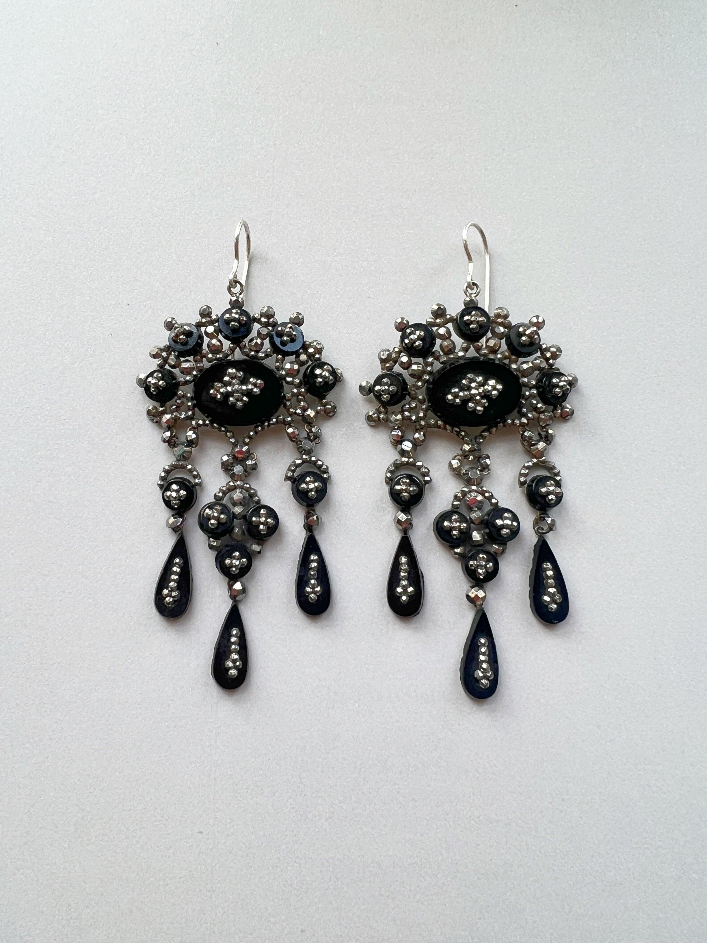 Rare 18th century Georgian era French cut steel onyx silver drop earrings - Curiously timeless