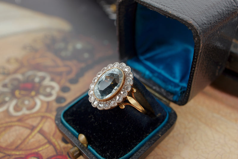 Antique 18K gold aquamarine and diamond ring