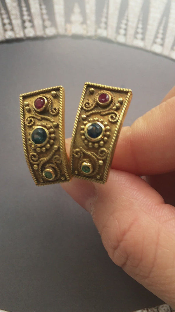 Enchanting Etruscan style 18K solid gold clip earrings with Ruby, Sapphire and Emerald