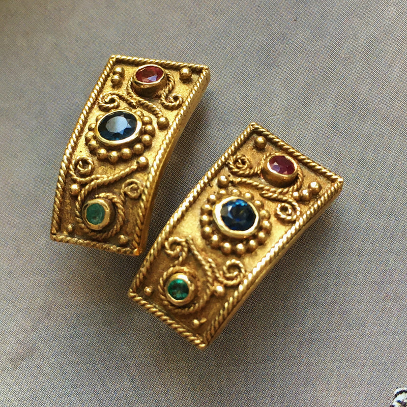 Enchanting Etruscan style 18K solid gold clip earrings with Ruby, Sapphire and Emerald