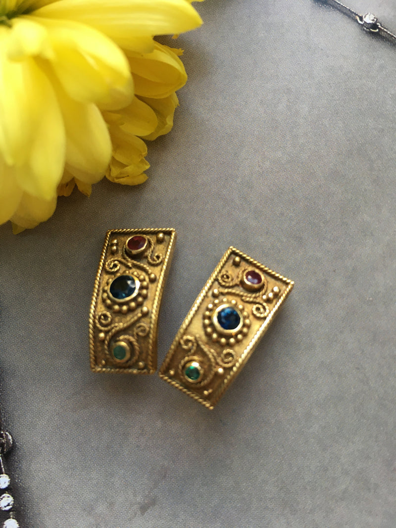 Enchanting Etruscan style 18K solid gold clip earrings with Ruby, Sapphire and Emerald