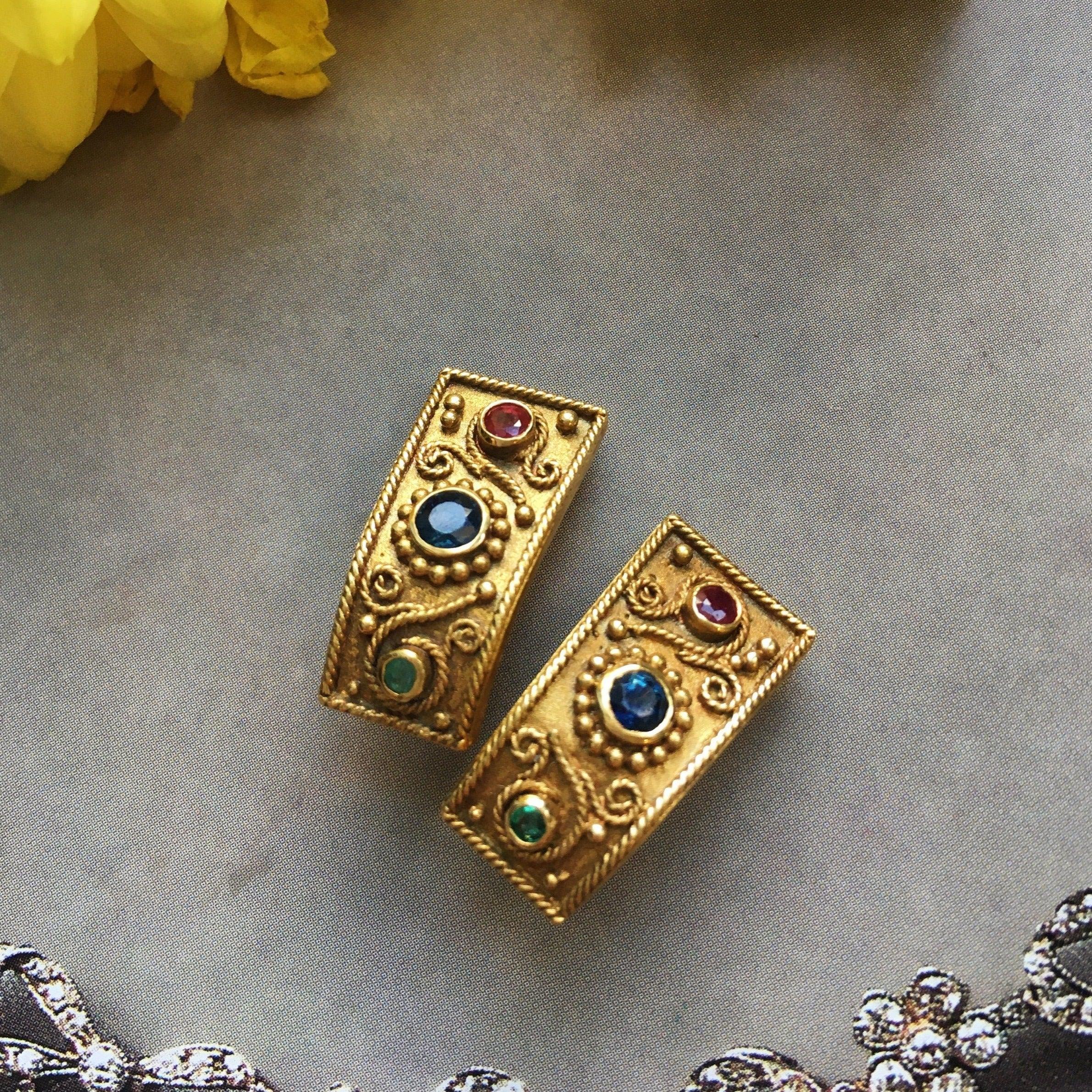 Enchanting Etruscan style 18K solid gold clip earrings with Ruby, Sapphire and Emerald - Curiously timeless