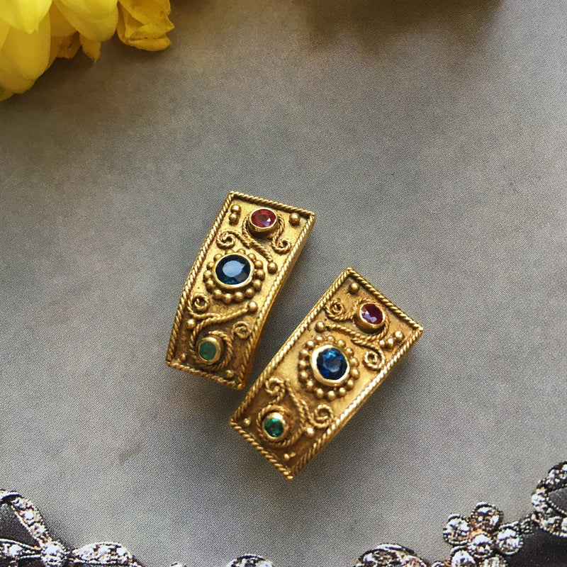 Enchanting Etruscan style 18K solid gold clip earrings with Ruby, Sapphire and Emerald