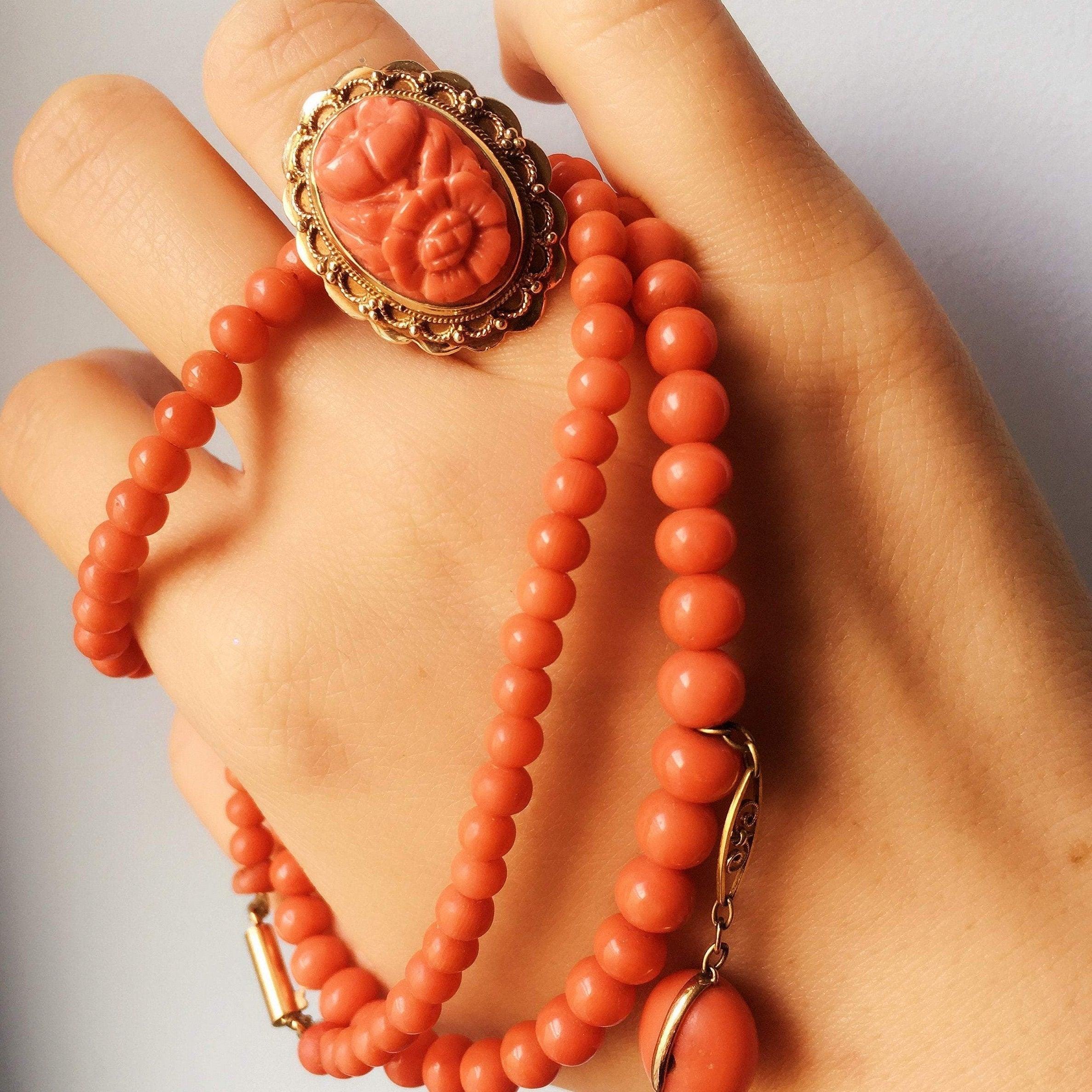 Victorian 14K Carved Natural Coral flower gold ring - Curiously timeless