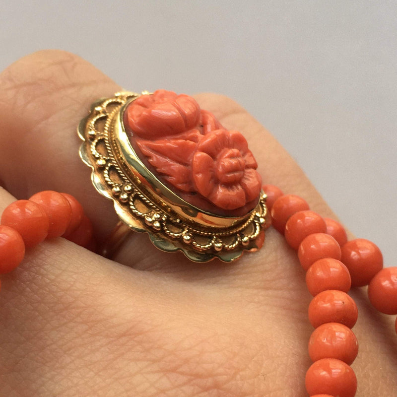 Victorian 14K Carved Natural Coral flower gold ring