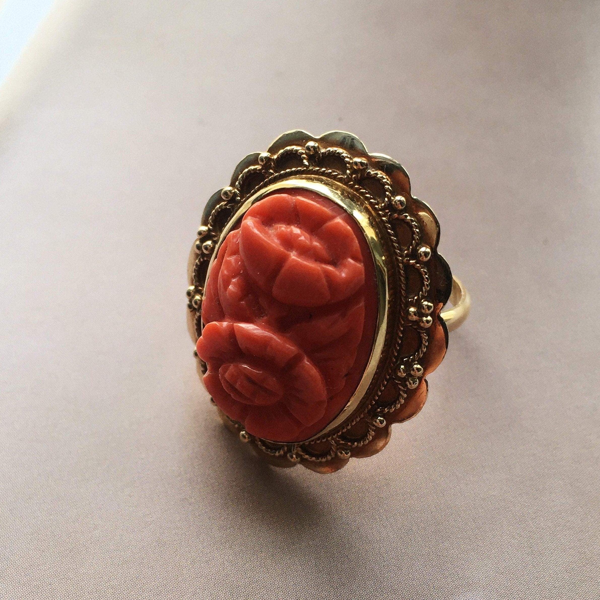 Victorian 14K Carved Natural Coral flower gold ring - Curiously timeless