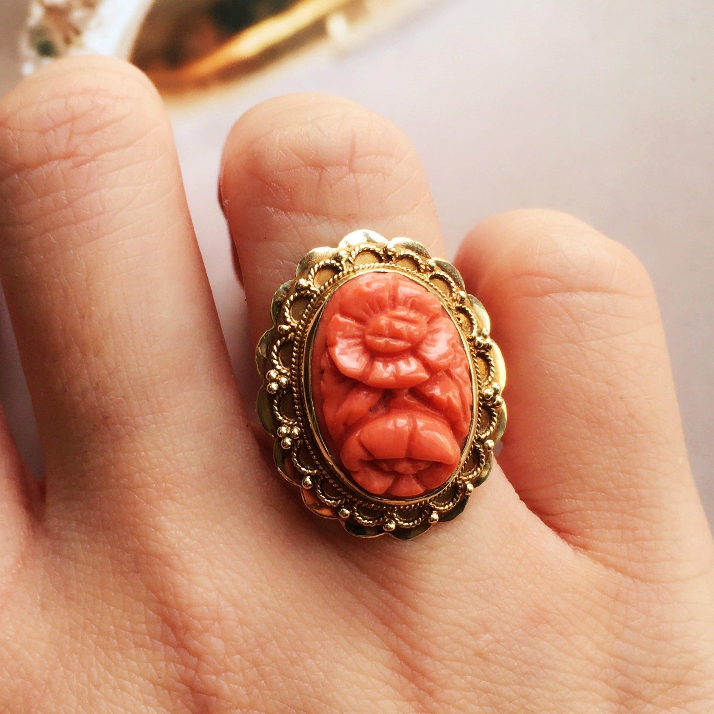 Victorian 14K Carved Natural Coral flower gold ring - Curiously timeless